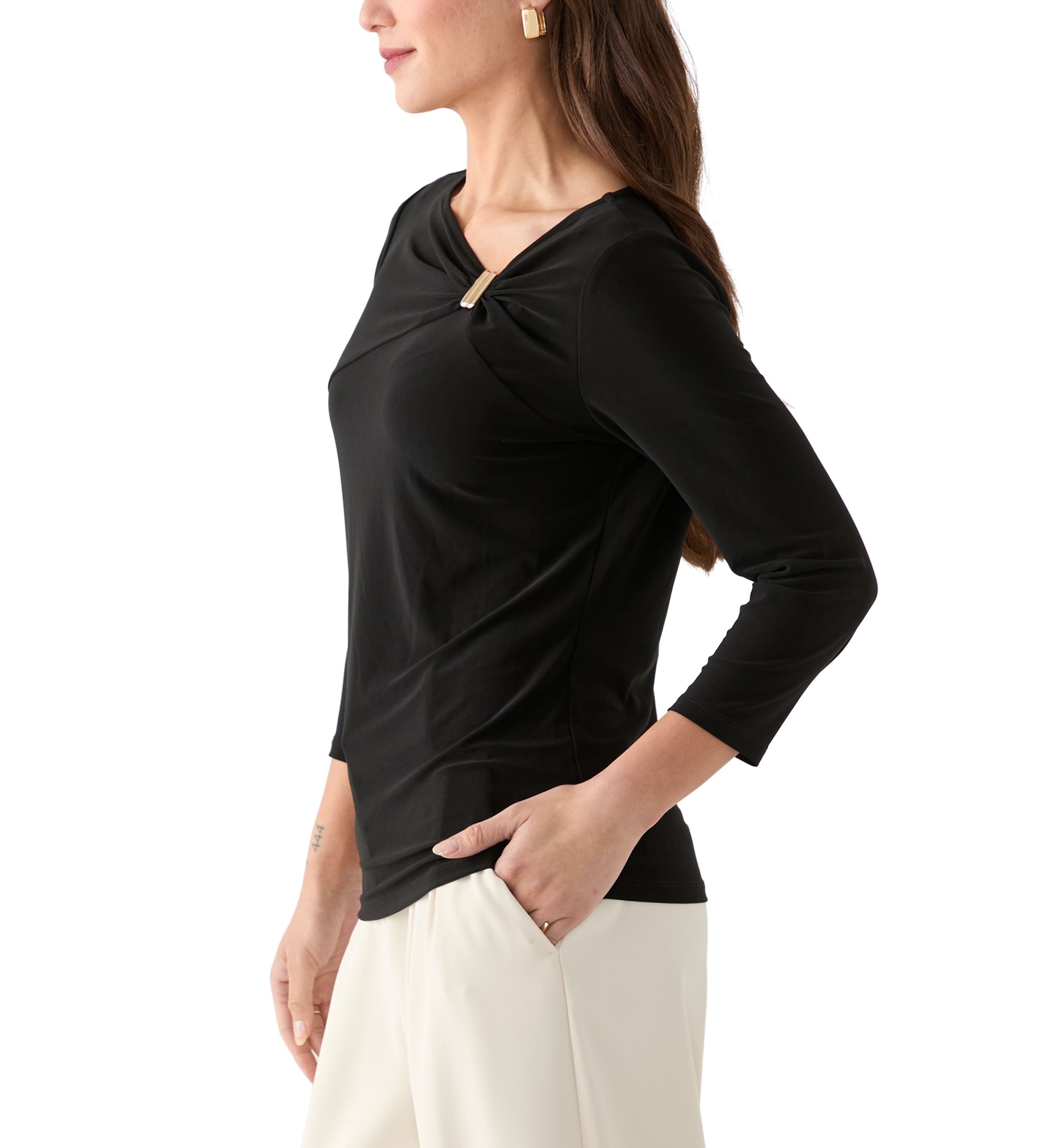 Petite Three-Quarter Sleeve Asymmetrical Neck Twist Knot Top