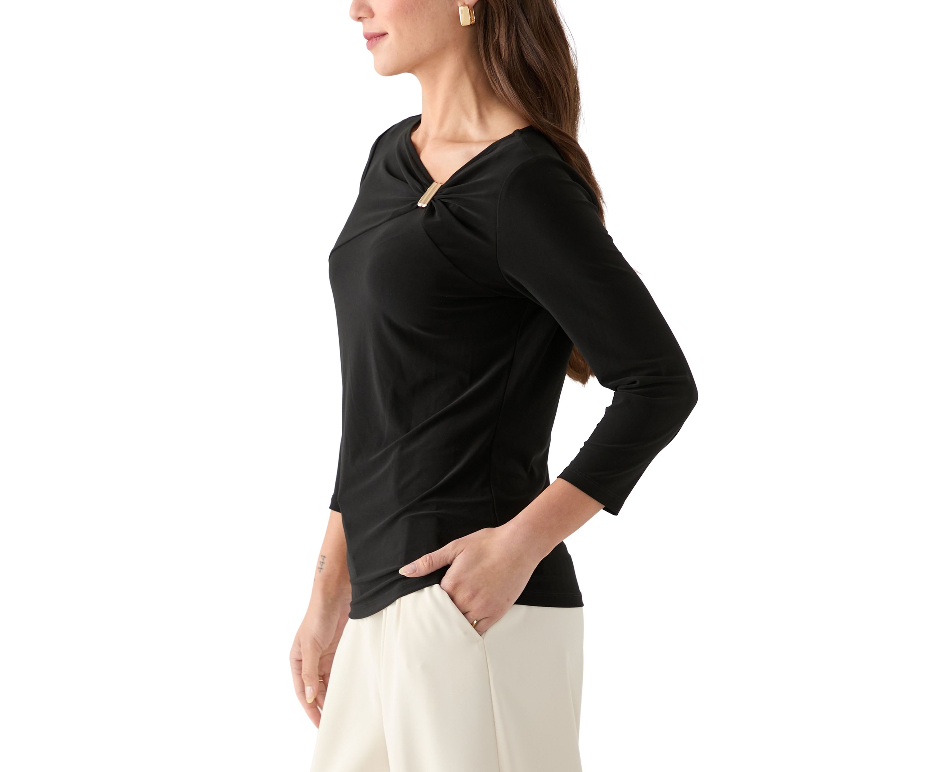 Petite Three-Quarter Sleeve Asymmetrical Neck Twist Knot Top