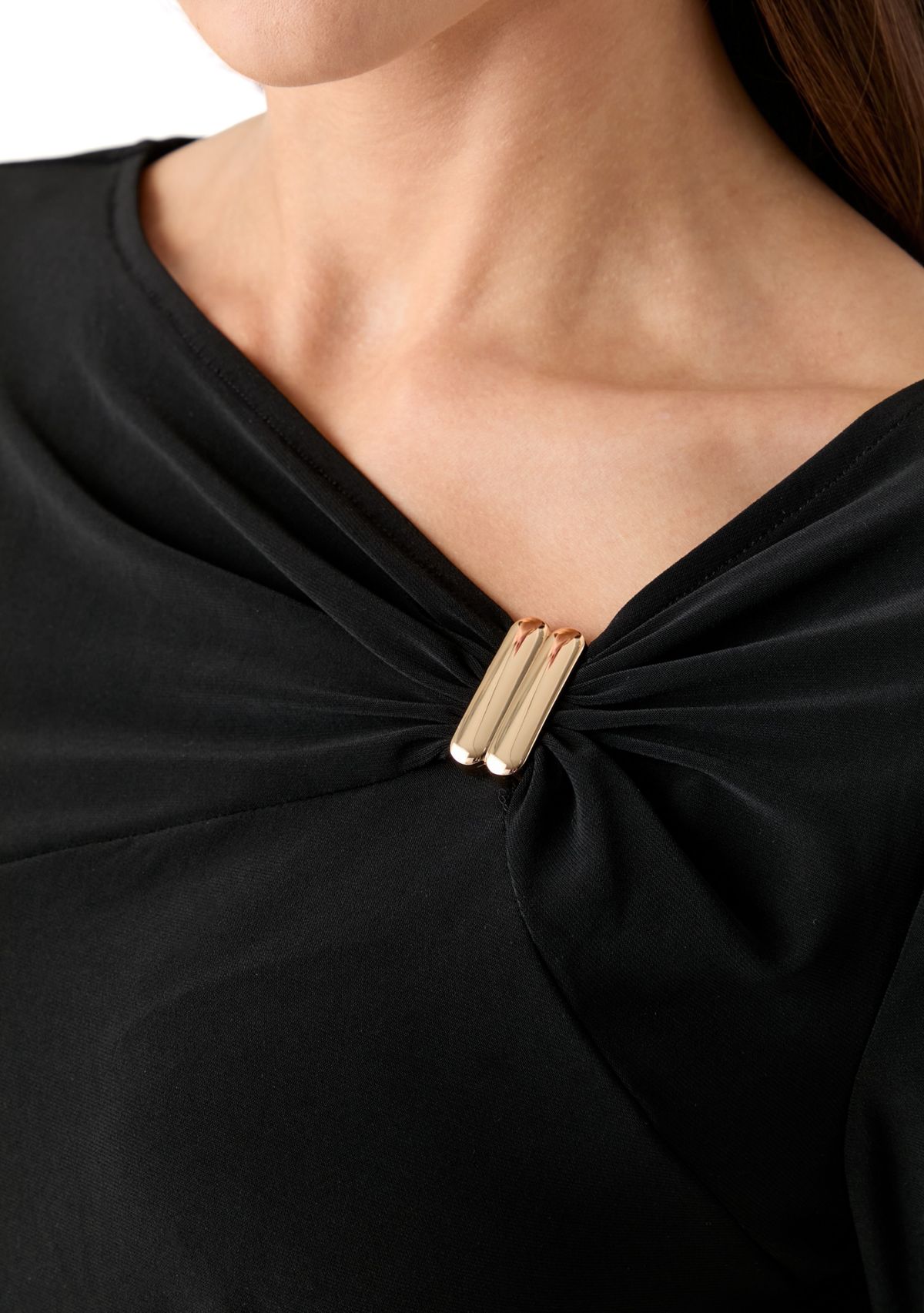 Petite Three-Quarter Sleeve Asymmetrical Neck Twist Knot Top