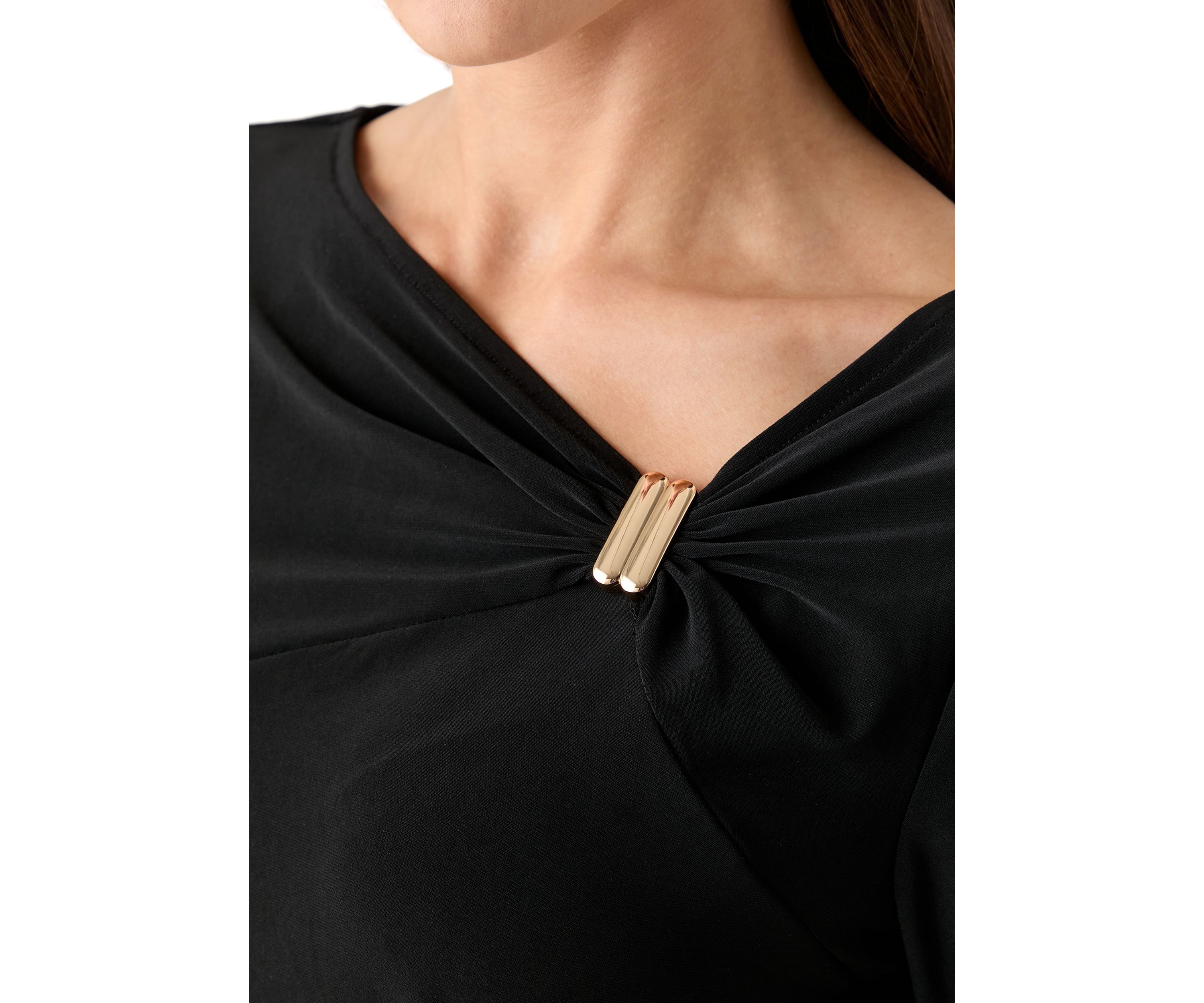 Petite Three-Quarter Sleeve Asymmetrical Neck Twist Knot Top