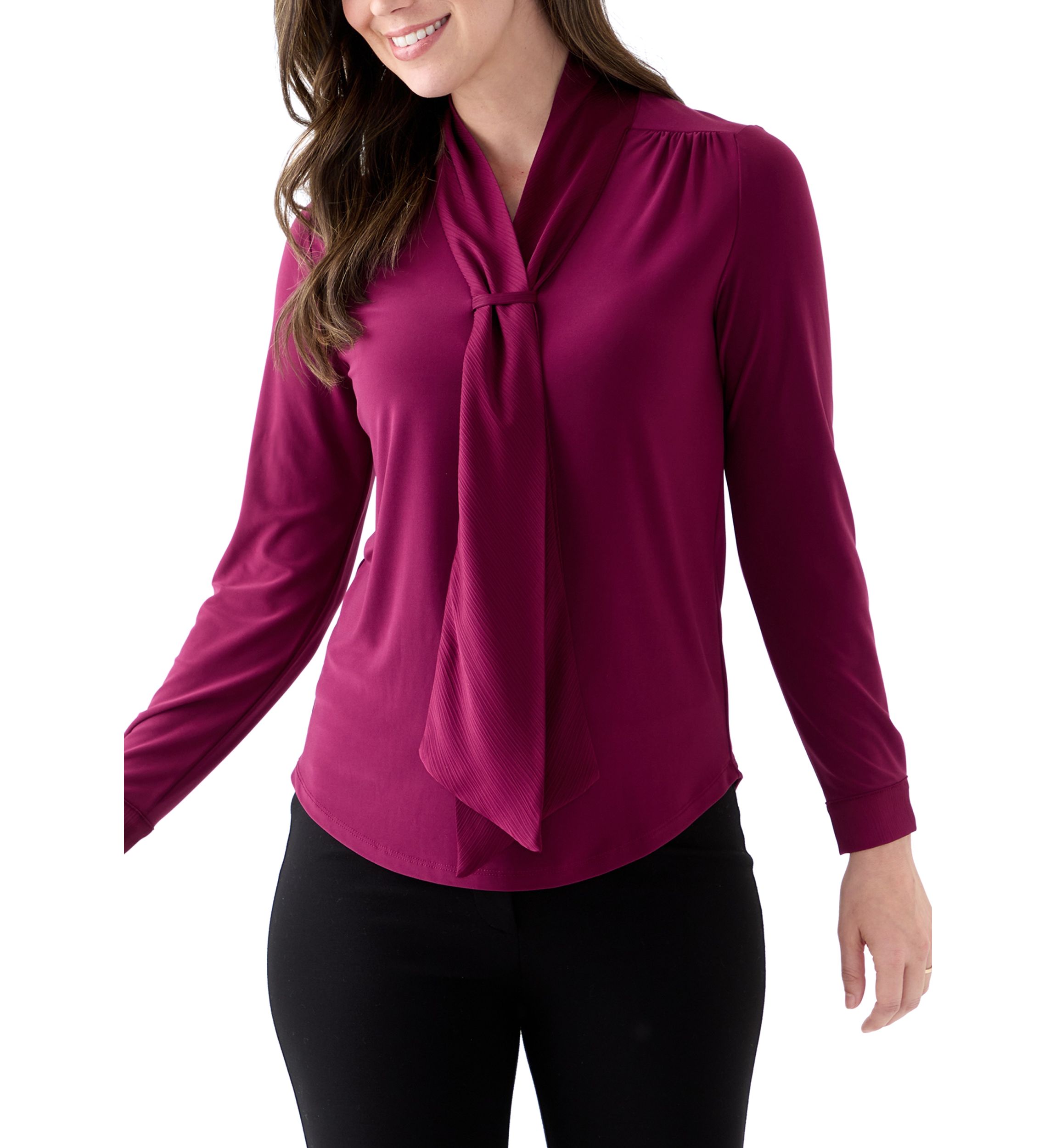 Womens Long Sleeve Mixed Media Front Tie Blouse