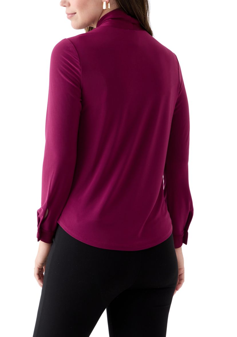 Womens Long Sleeve Mixed Media Front Tie Blouse