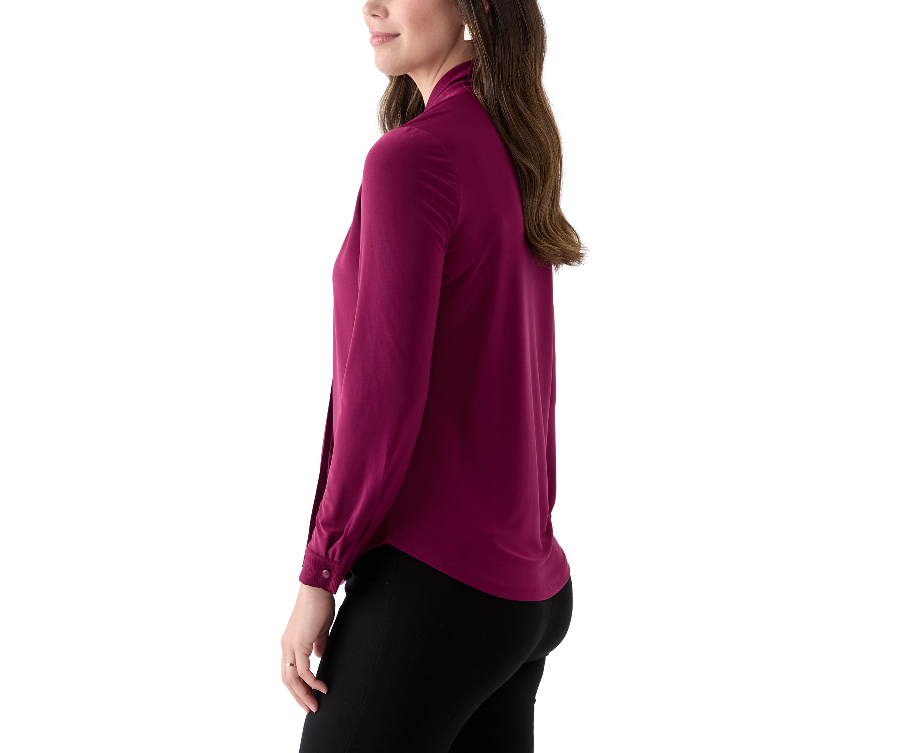 Womens Long Sleeve Mixed Media Front Tie Blouse
