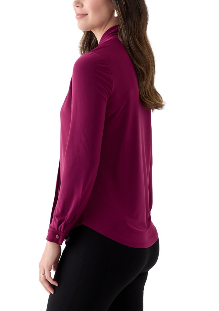 Womens Long Sleeve Mixed Media Front Tie Blouse