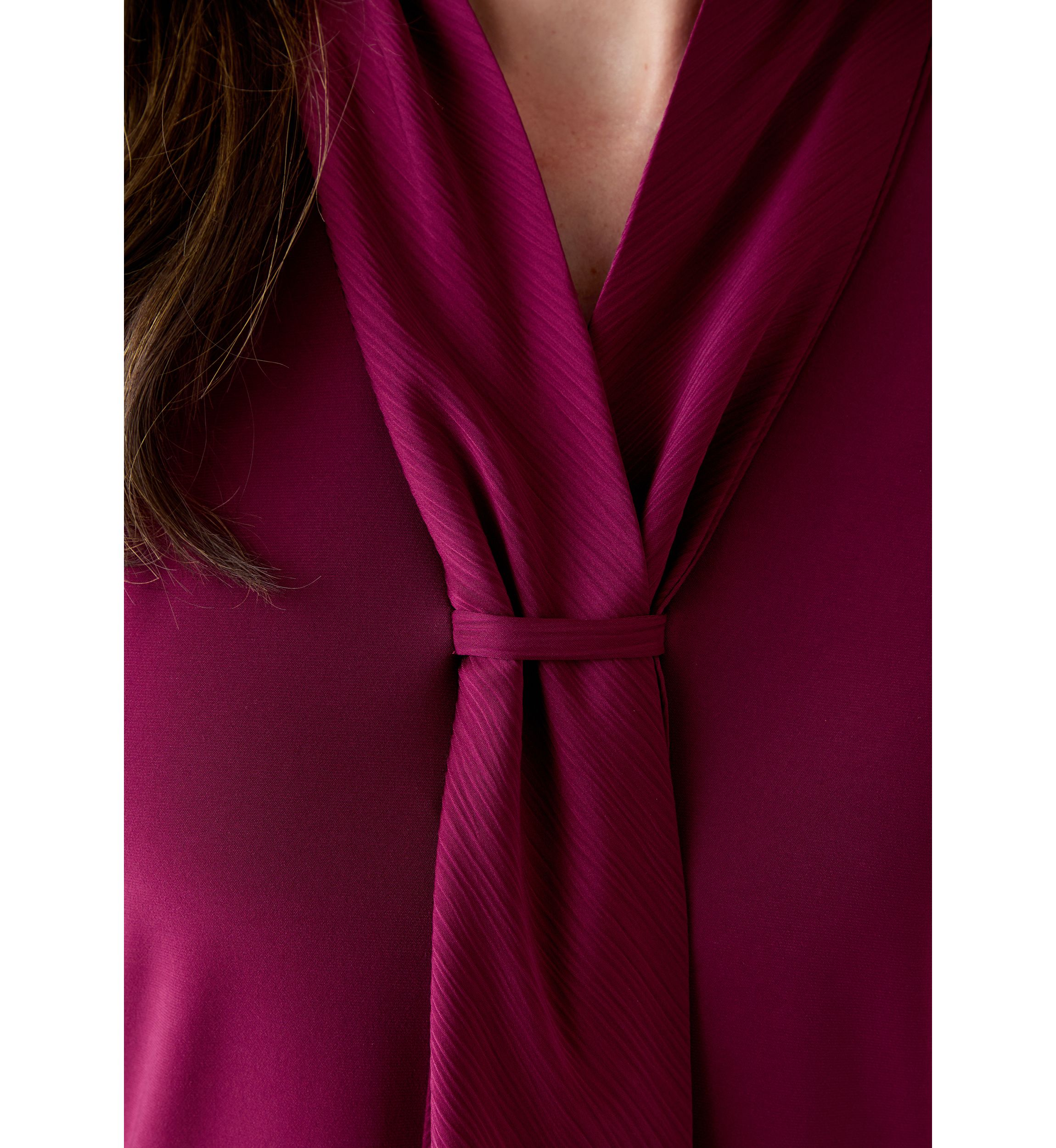 Womens Long Sleeve Mixed Media Front Tie Blouse