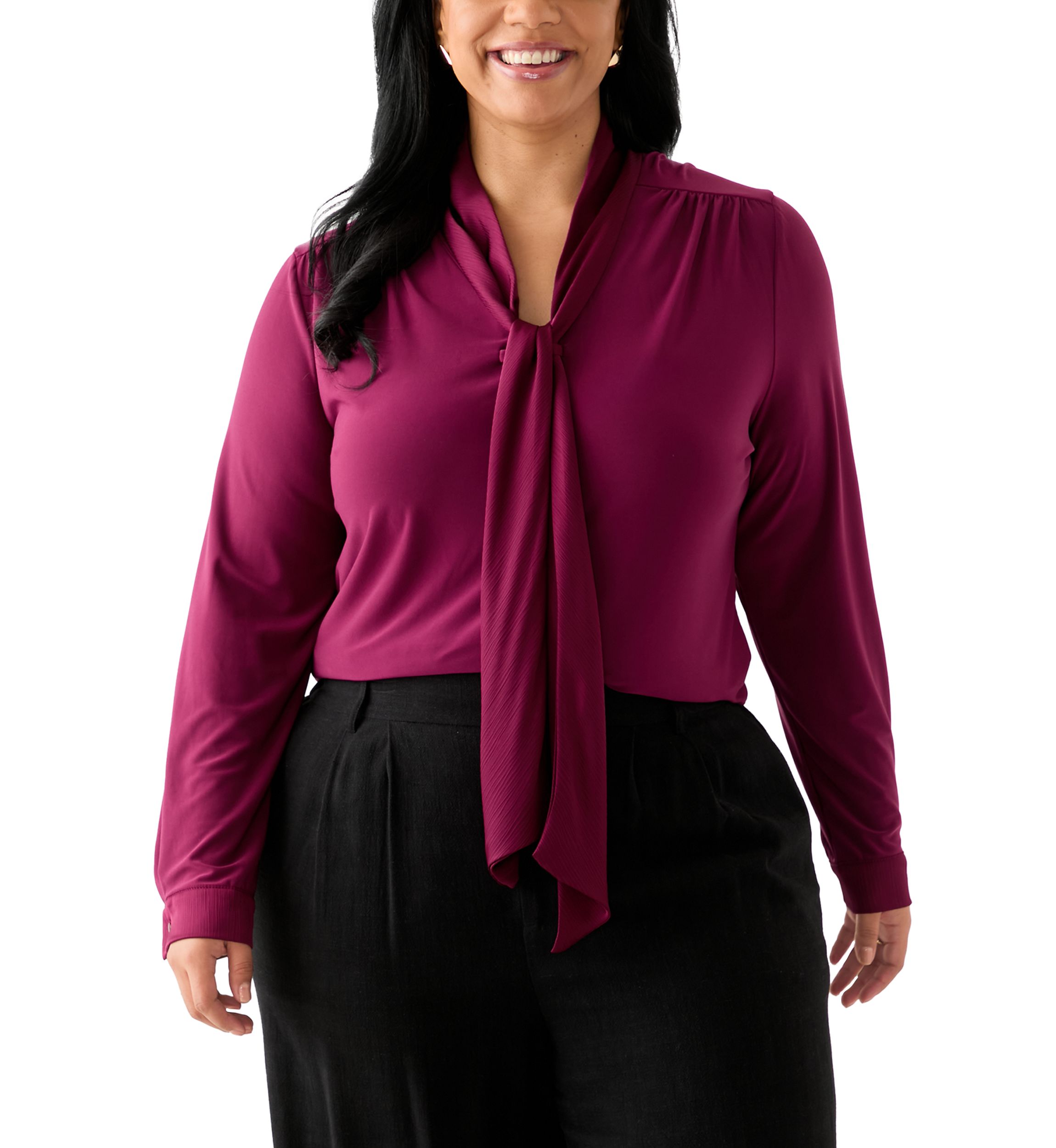 Plus Size Long Sleeve Mixed Media Tie Top