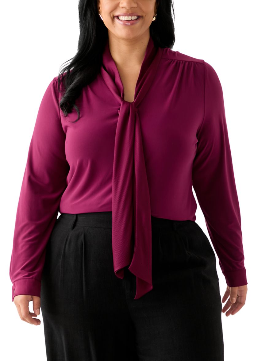 Plus Size Long Sleeve Mixed Media Tie Top