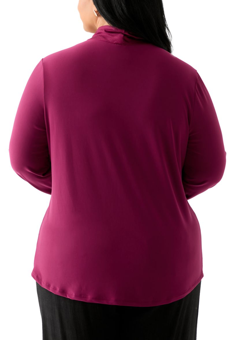 Plus Size Long Sleeve Mixed Media Tie Top