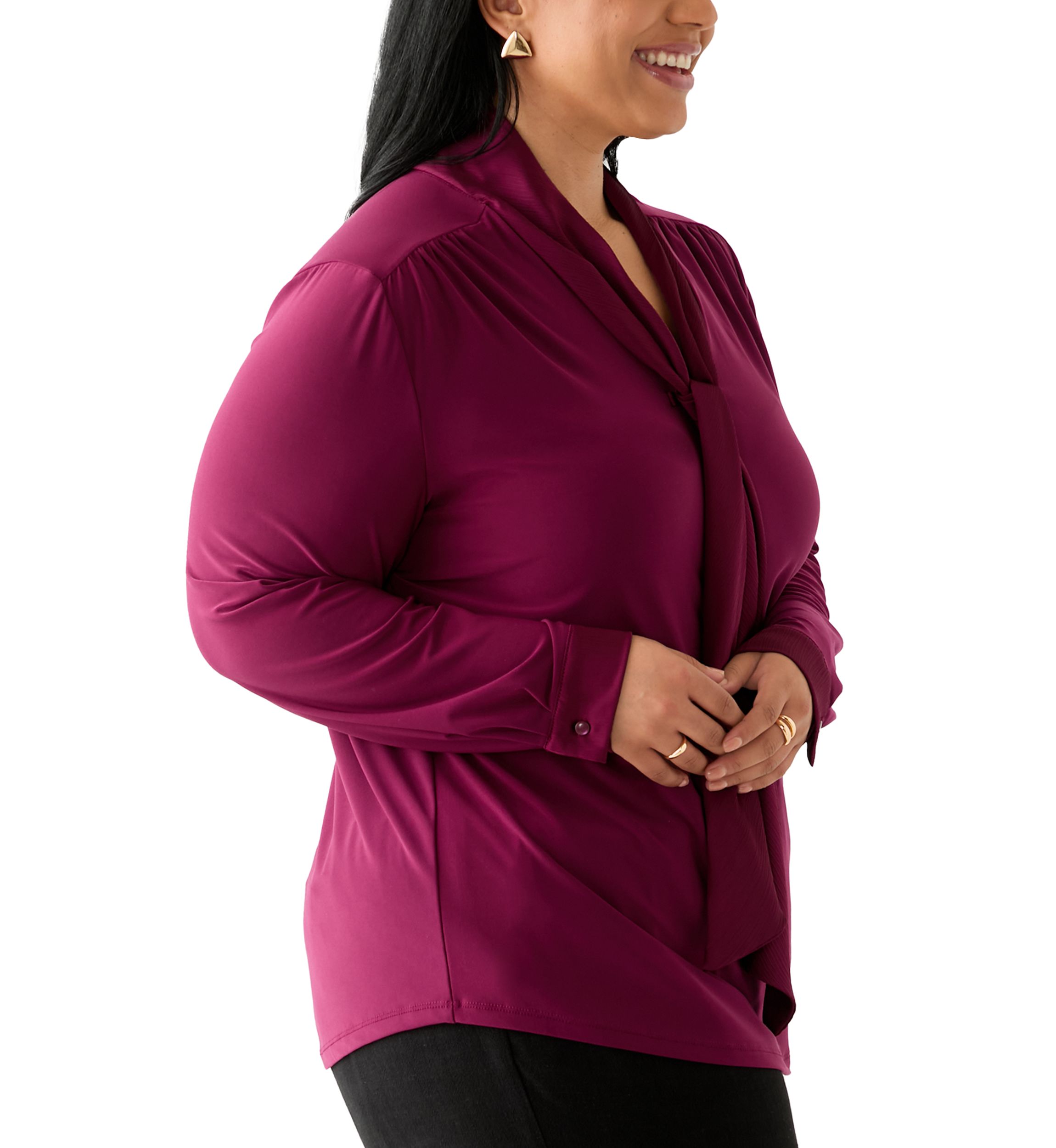 Plus Size Long Sleeve Mixed Media Tie Top