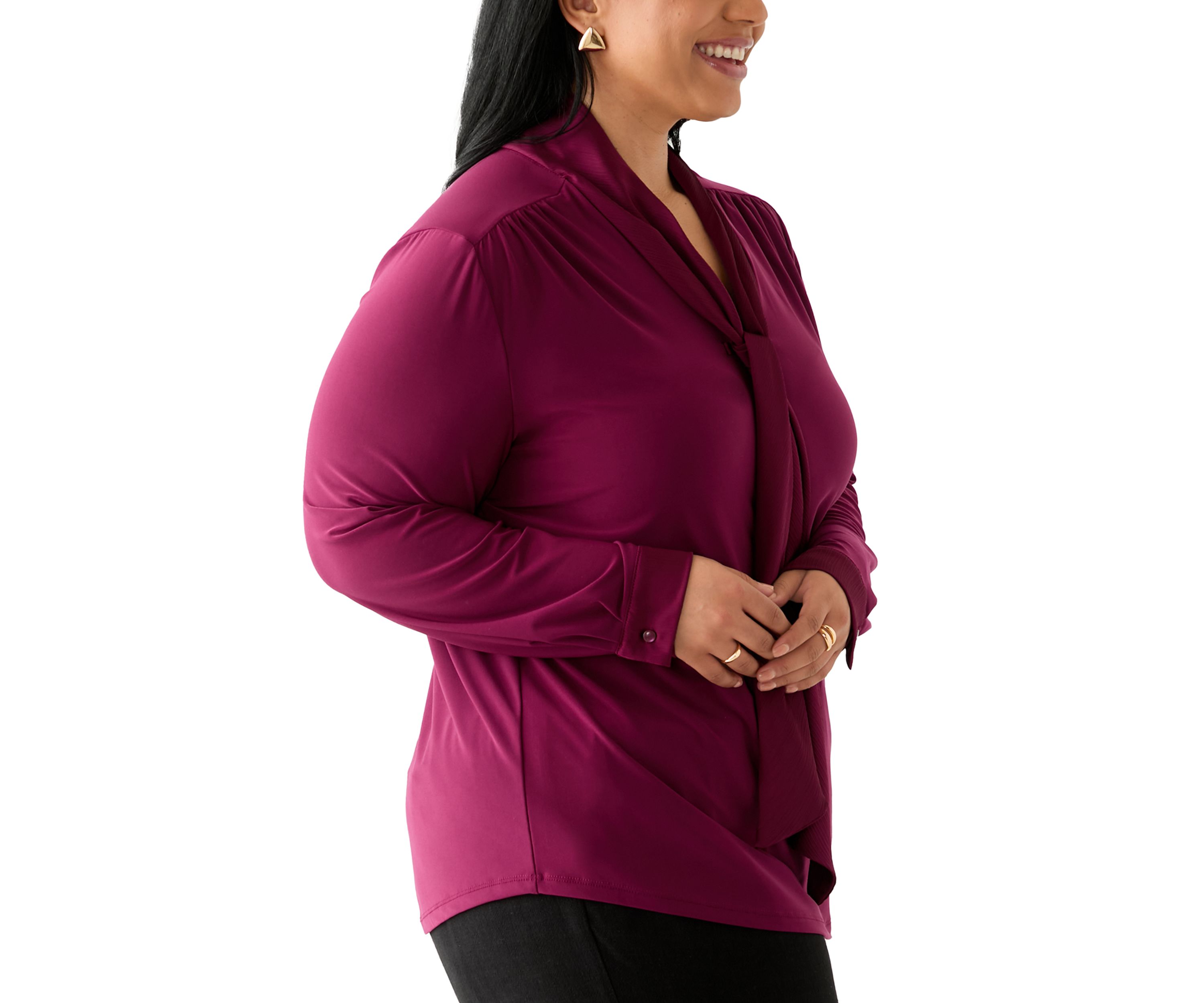 Plus Size Long Sleeve Mixed Media Tie Top