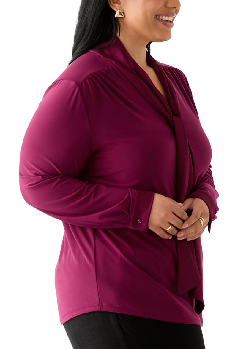 Plus Size Long Sleeve Mixed Media Tie Top