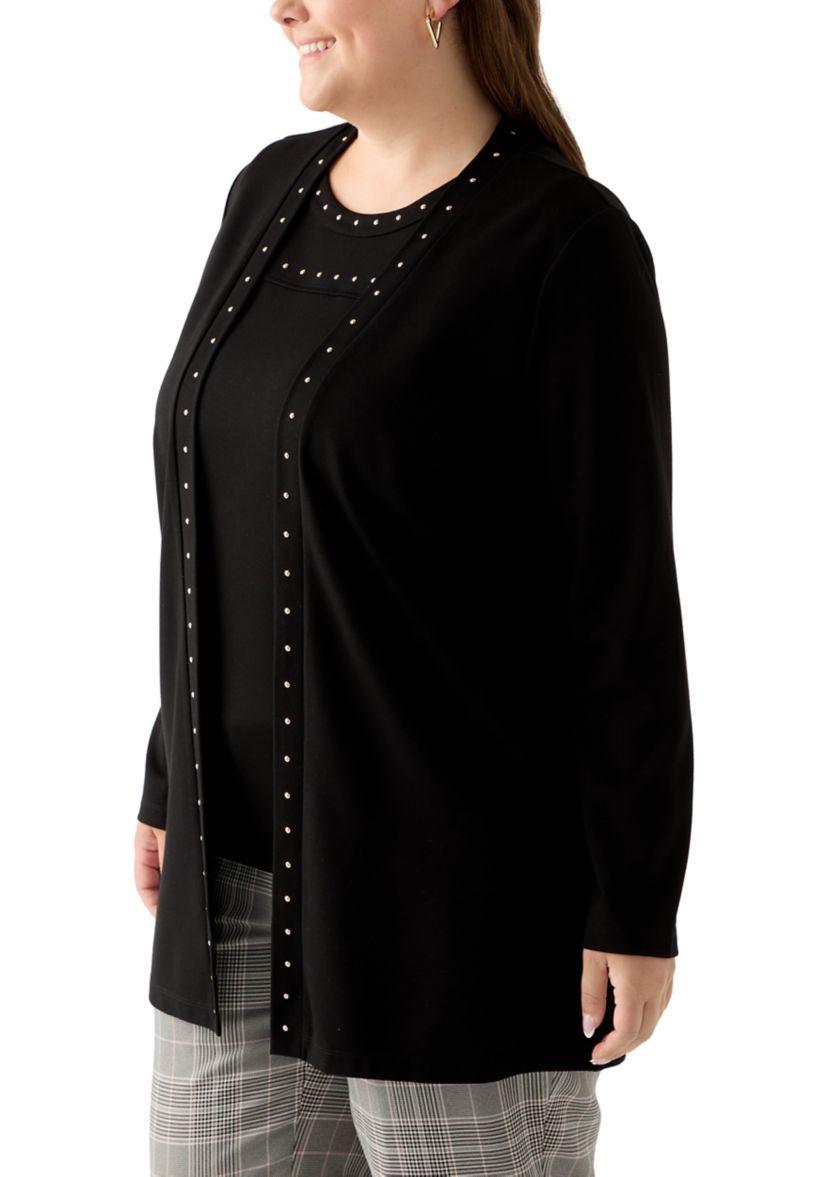 Plus Size Serenity Knit Open Cardigan with Heatset Trim