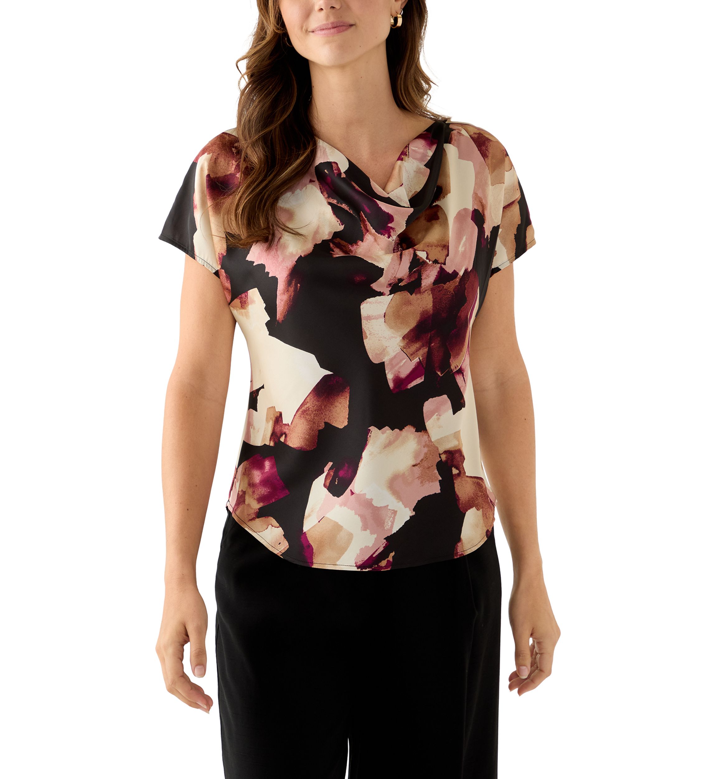 Womens Short Sleeve Blouse with Cowl Neck