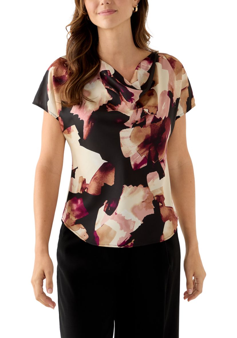 Womens Short Sleeve Blouse with Cowl Neck