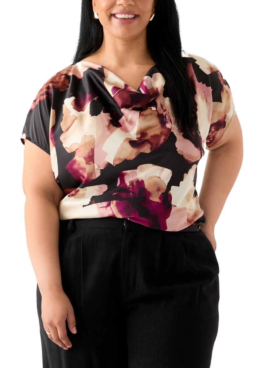 Plus Size Satin Blouse with Cowl Neck
