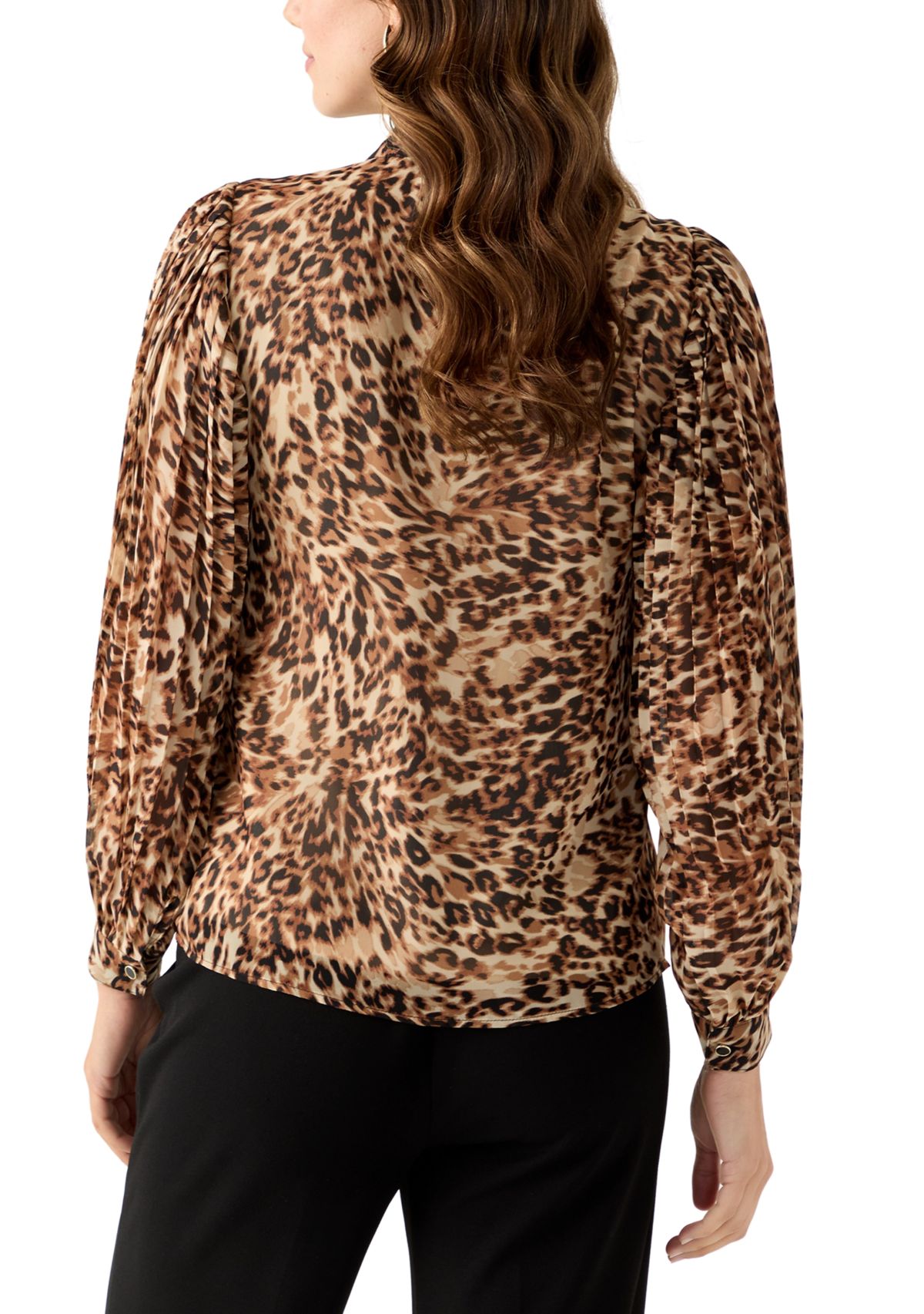 Womens Pleated Sleeve Button Front Top