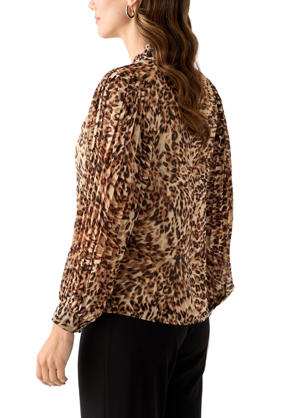 Womens Pleated Sleeve Button Front Top