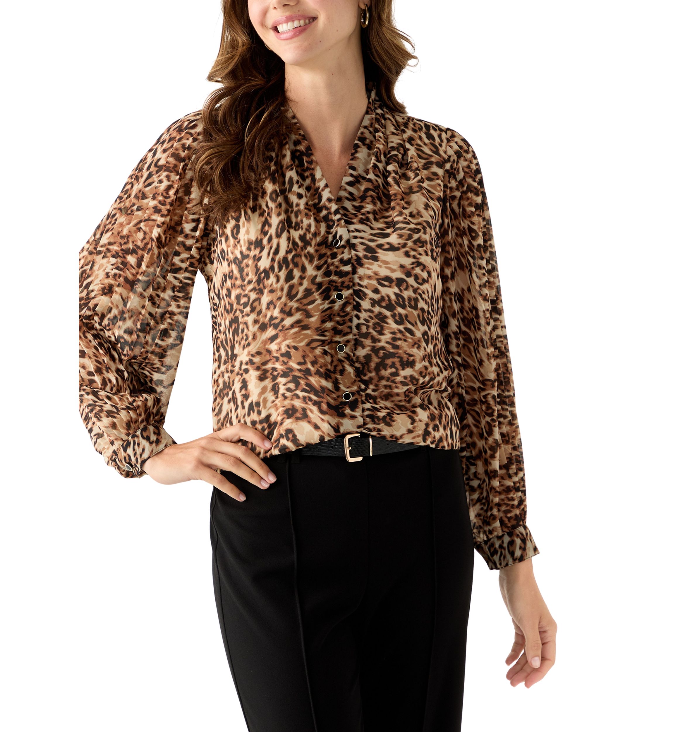 Petite Long Sleeve V-Neck Button Front Blouse with Pleated Sleeves 