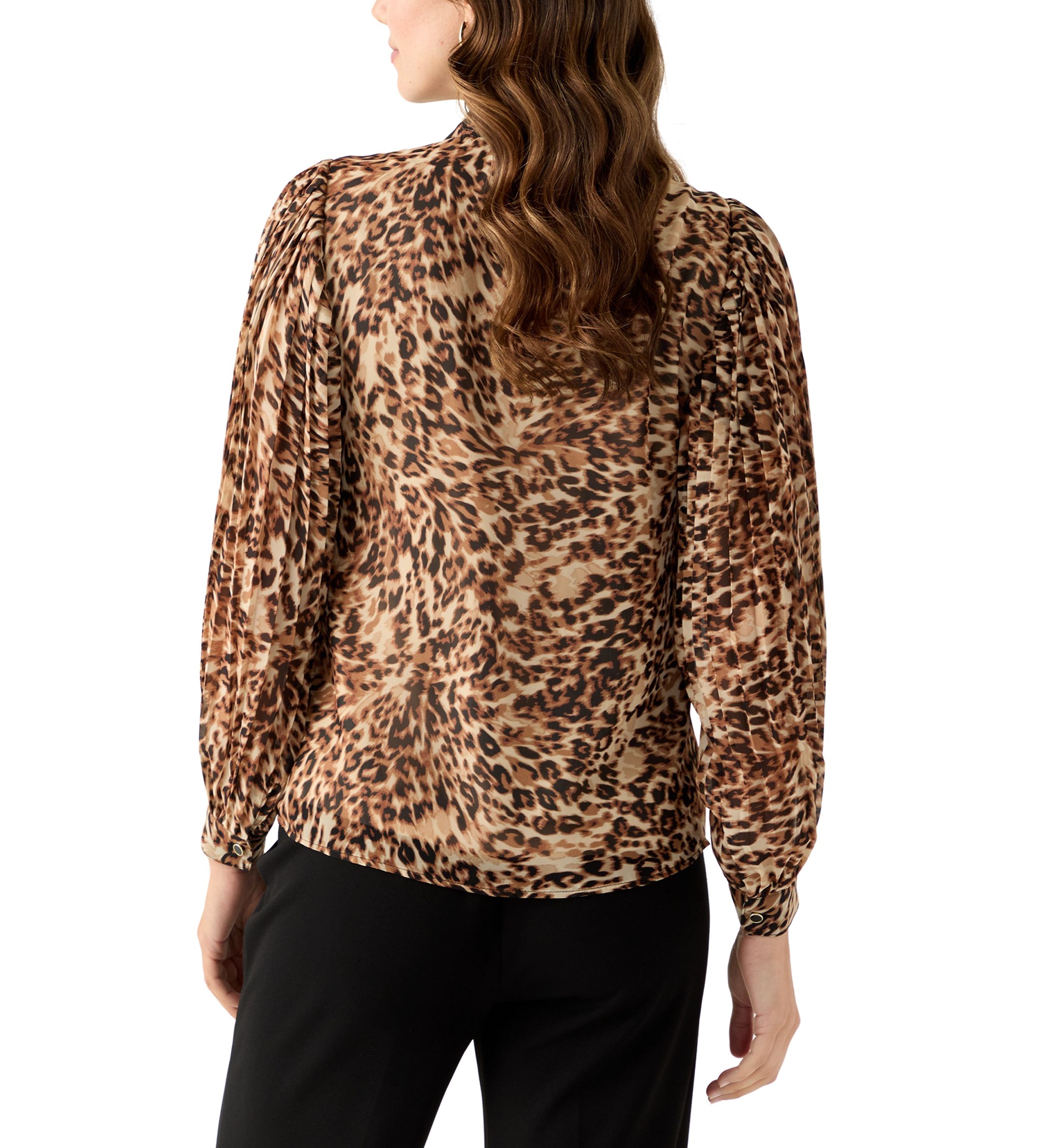 Petite Long Sleeve V-Neck Button Front Blouse with Pleated Sleeves 