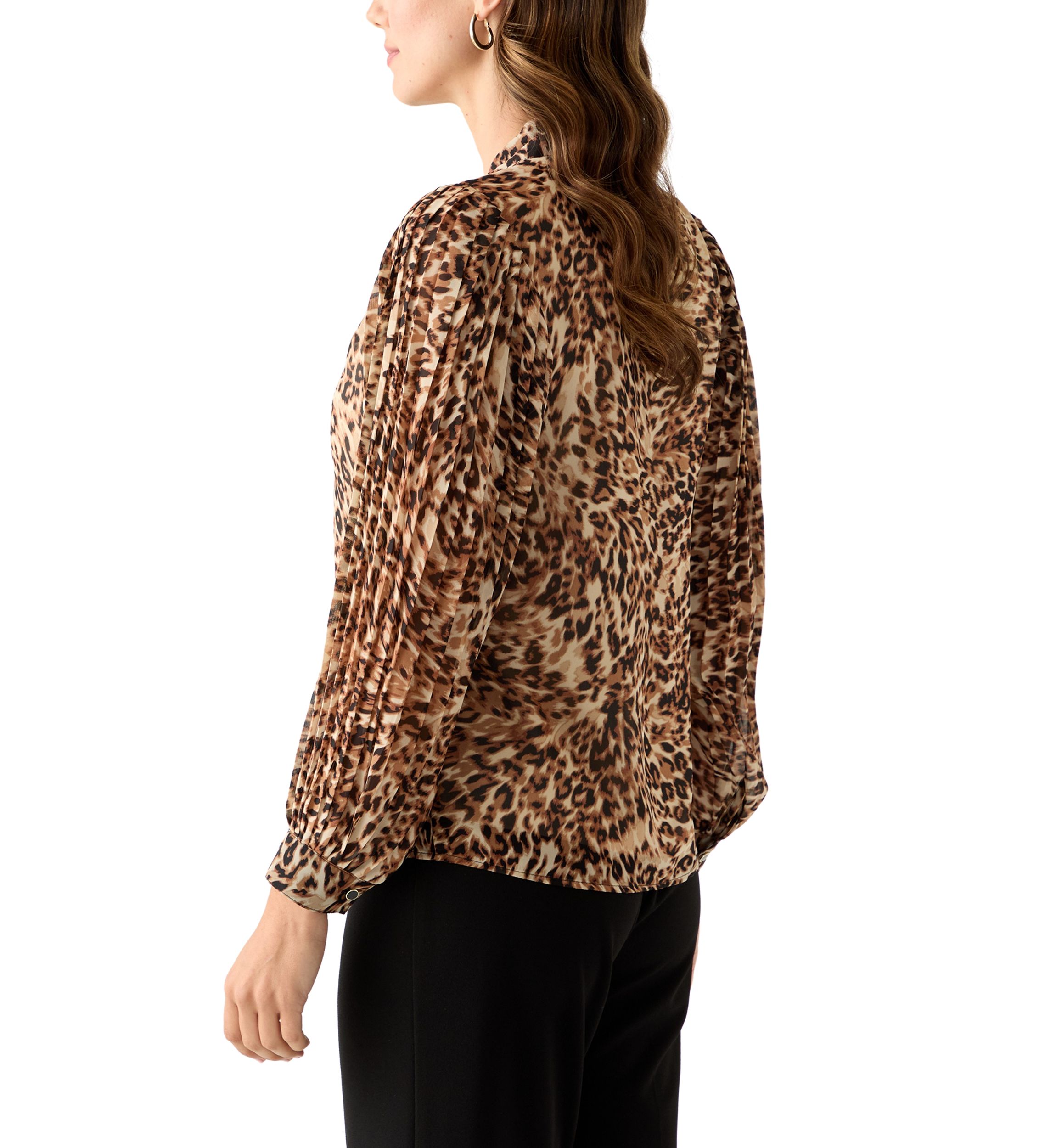 Petite Long Sleeve V-Neck Button Front Blouse with Pleated Sleeves 