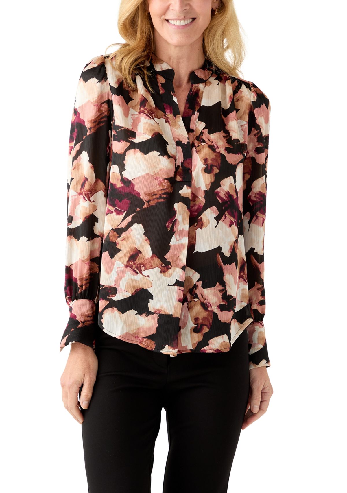 Womens Long-Sleeve V-Neck Pleated Top