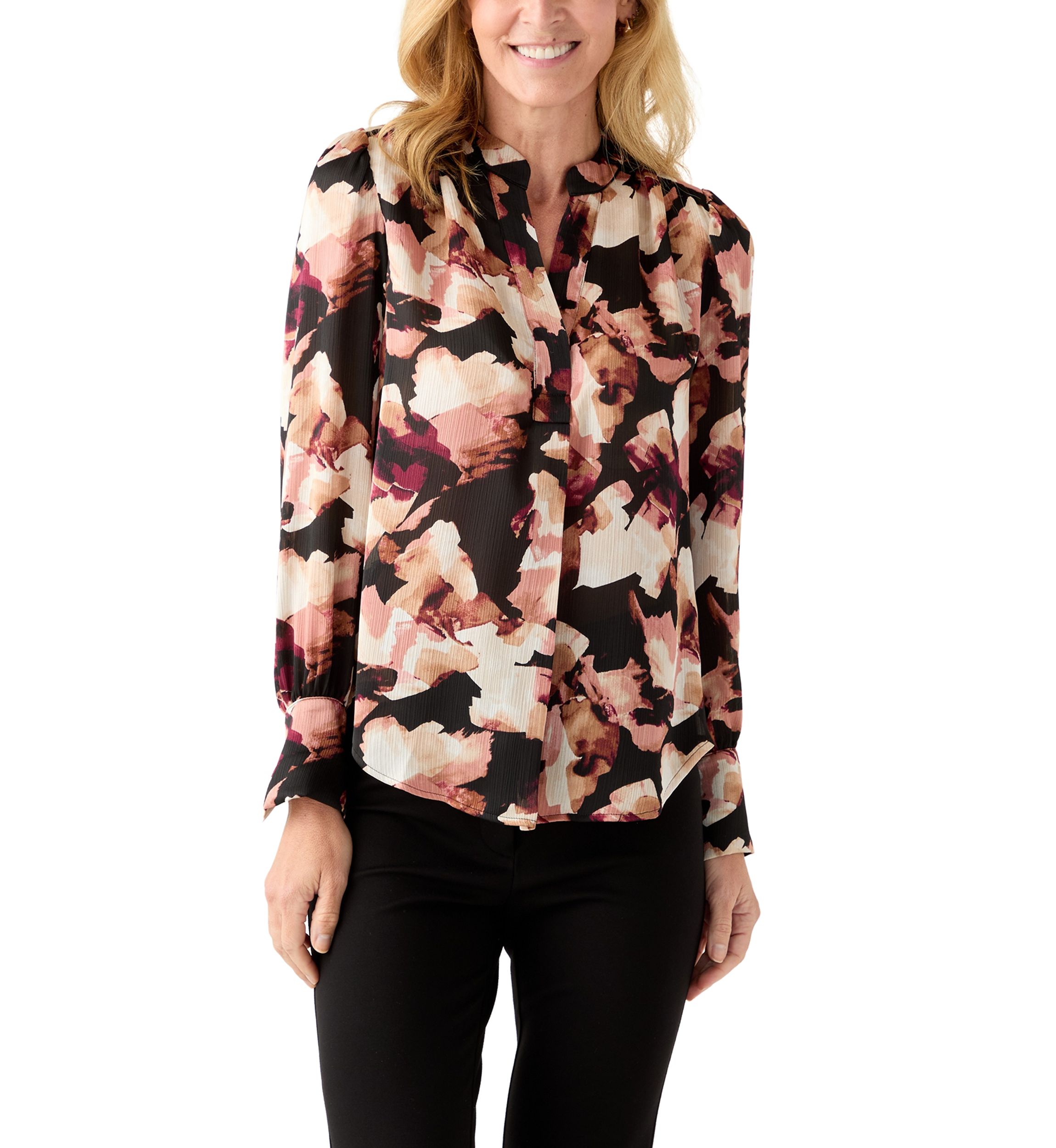 Womens Long-Sleeve V-Neck Pleated Top