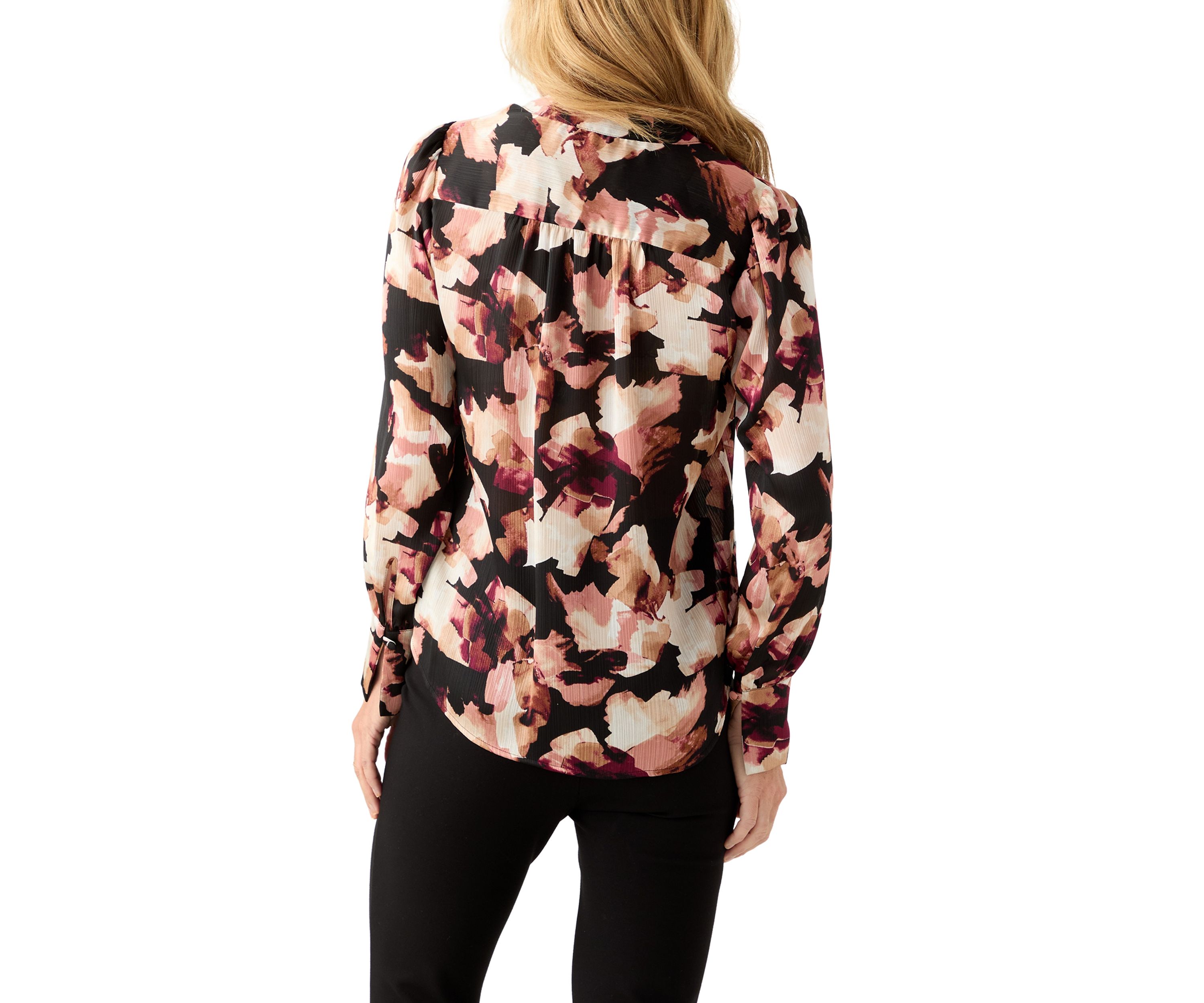 Womens Long-Sleeve V-Neck Pleated Top