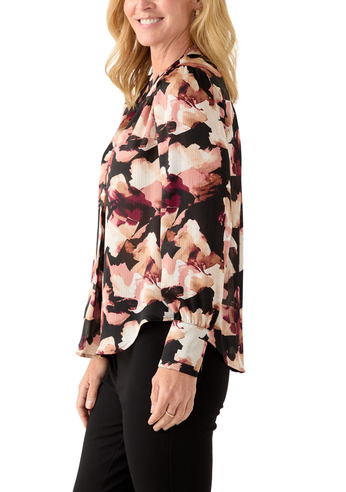 Womens Long-Sleeve V-Neck Pleated Top