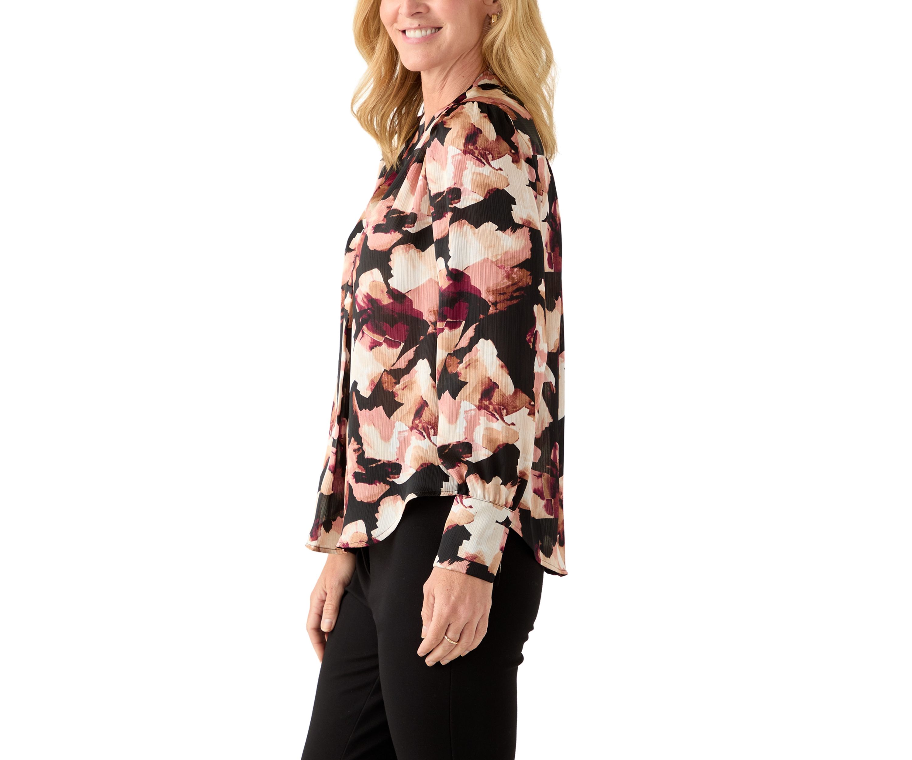 Womens Long-Sleeve V-Neck Pleated Top