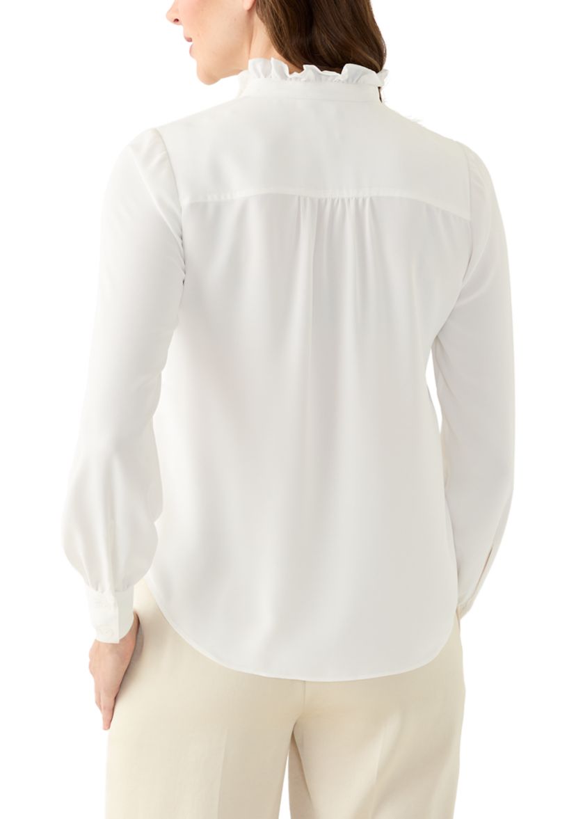 Womens Long Sleeve Collar Ruffle Button Front Blouse