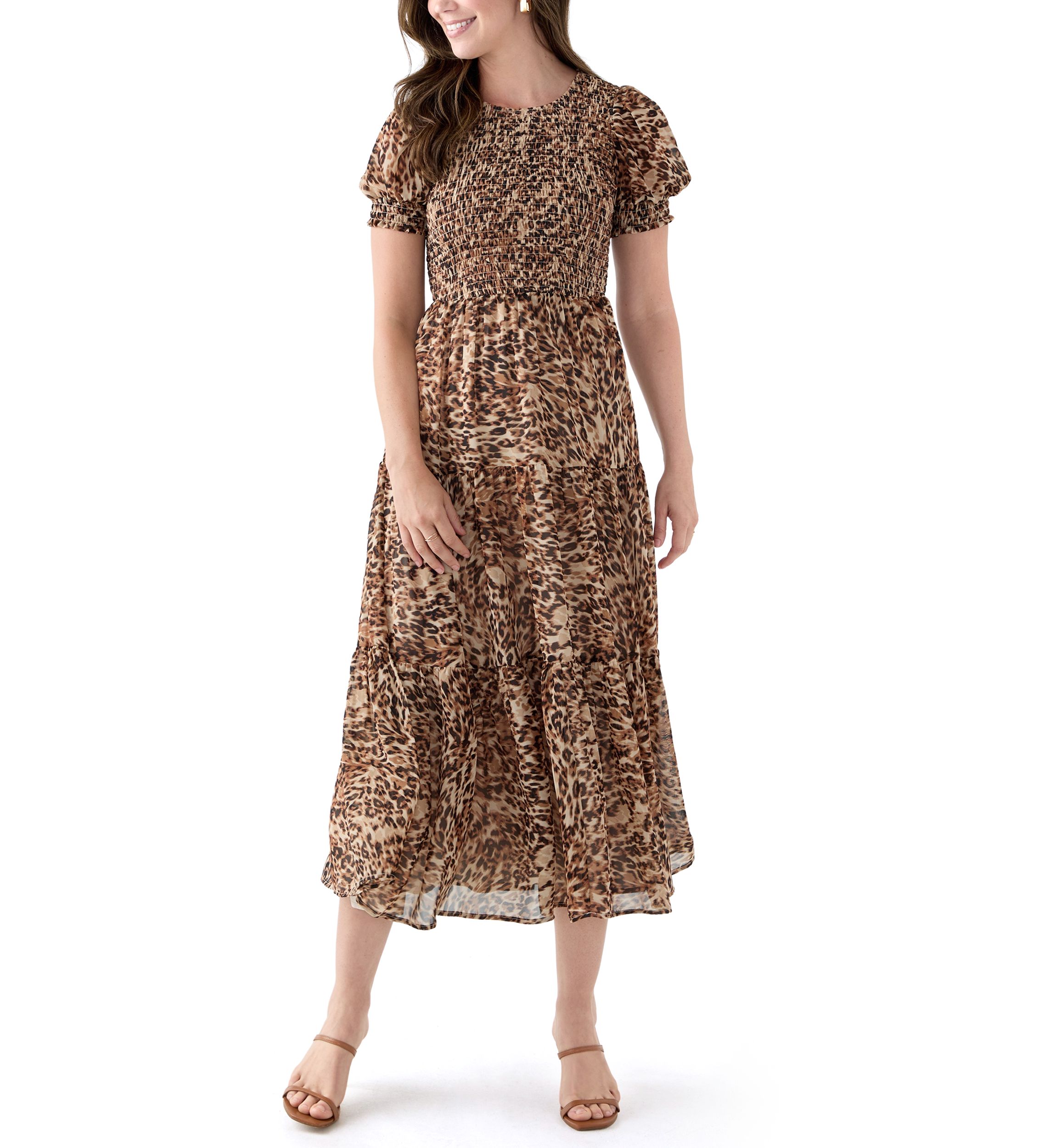 Womens Smocked Bodice Animal Print Maxi Dress