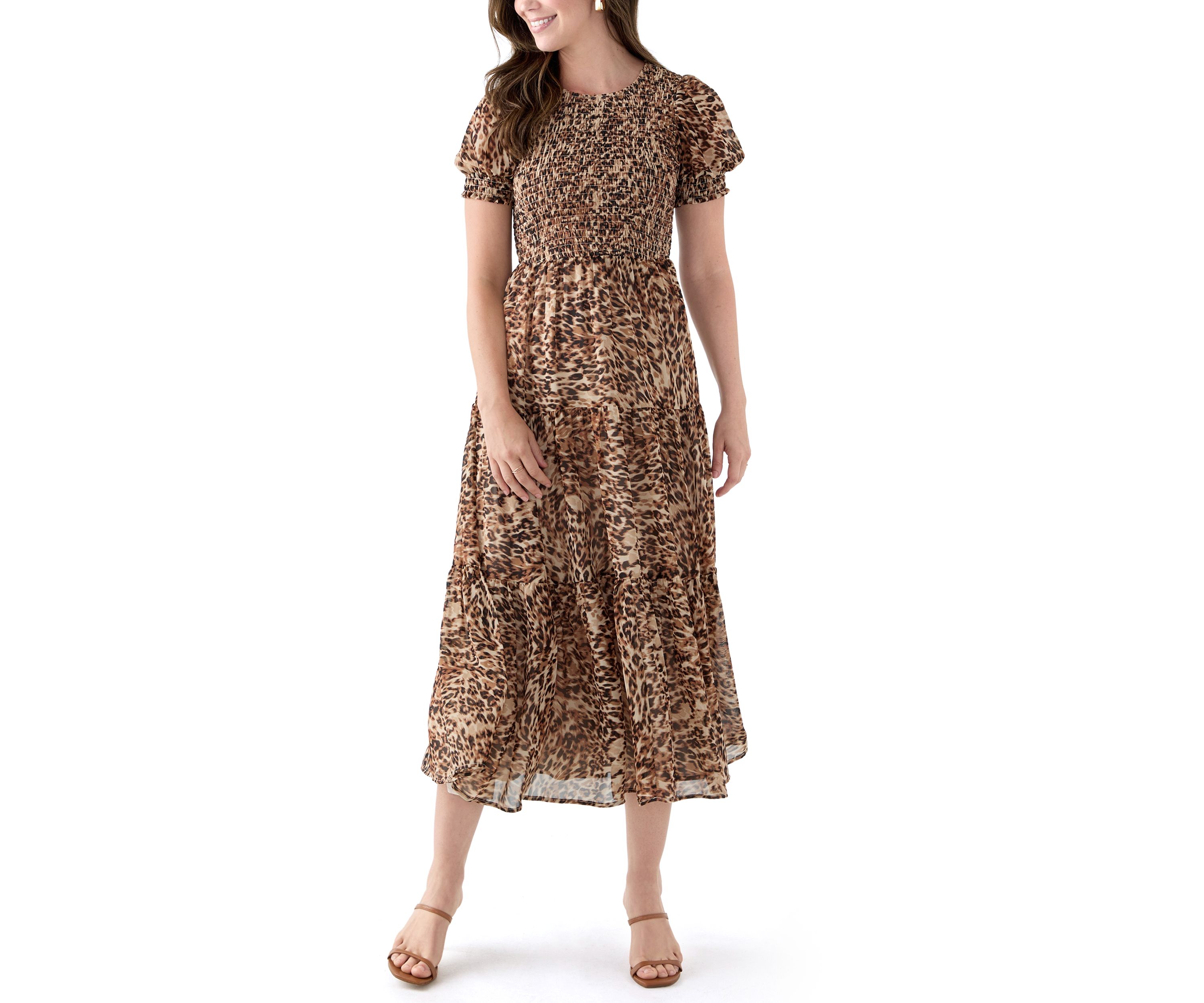 Womens Smocked Bodice Animal Print Maxi Dress
