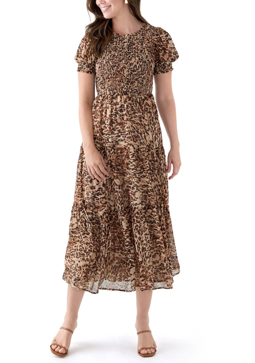 Womens Smocked Bodice Animal Print Maxi Dress