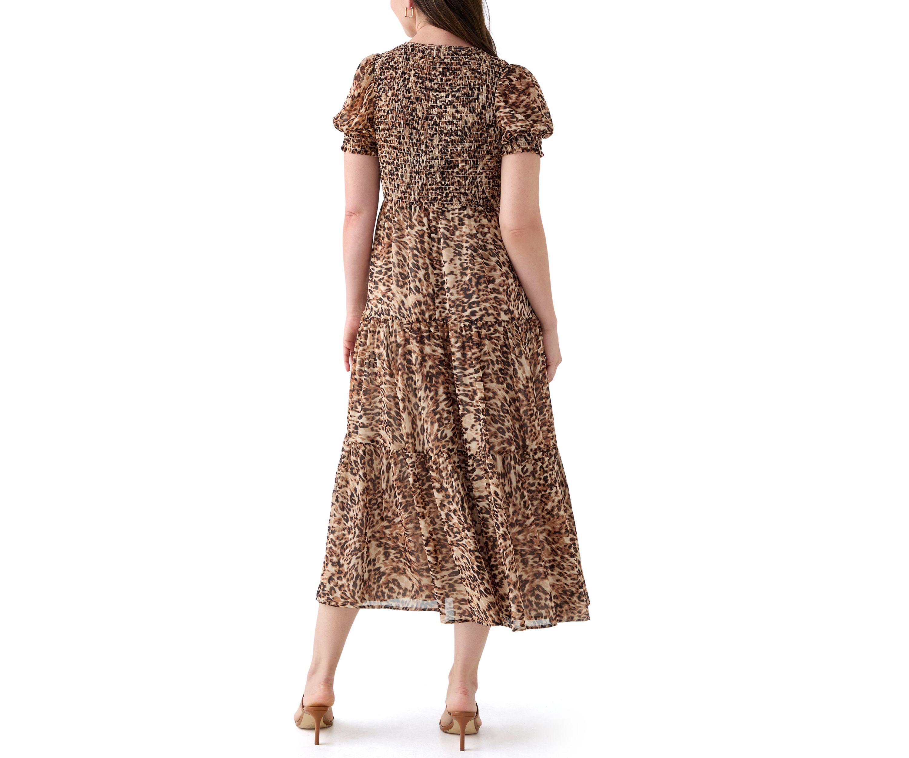 Womens Smocked Bodice Animal Print Maxi Dress