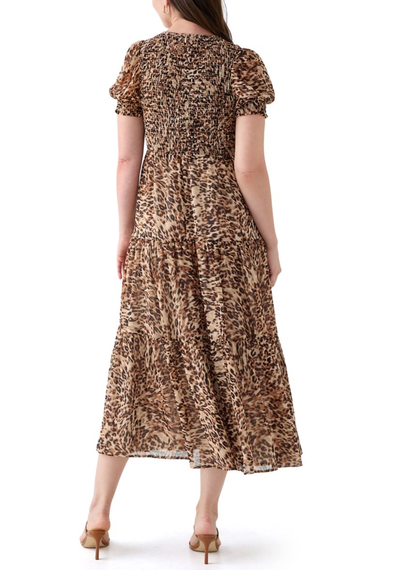 Womens Smocked Bodice Animal Print Maxi Dress
