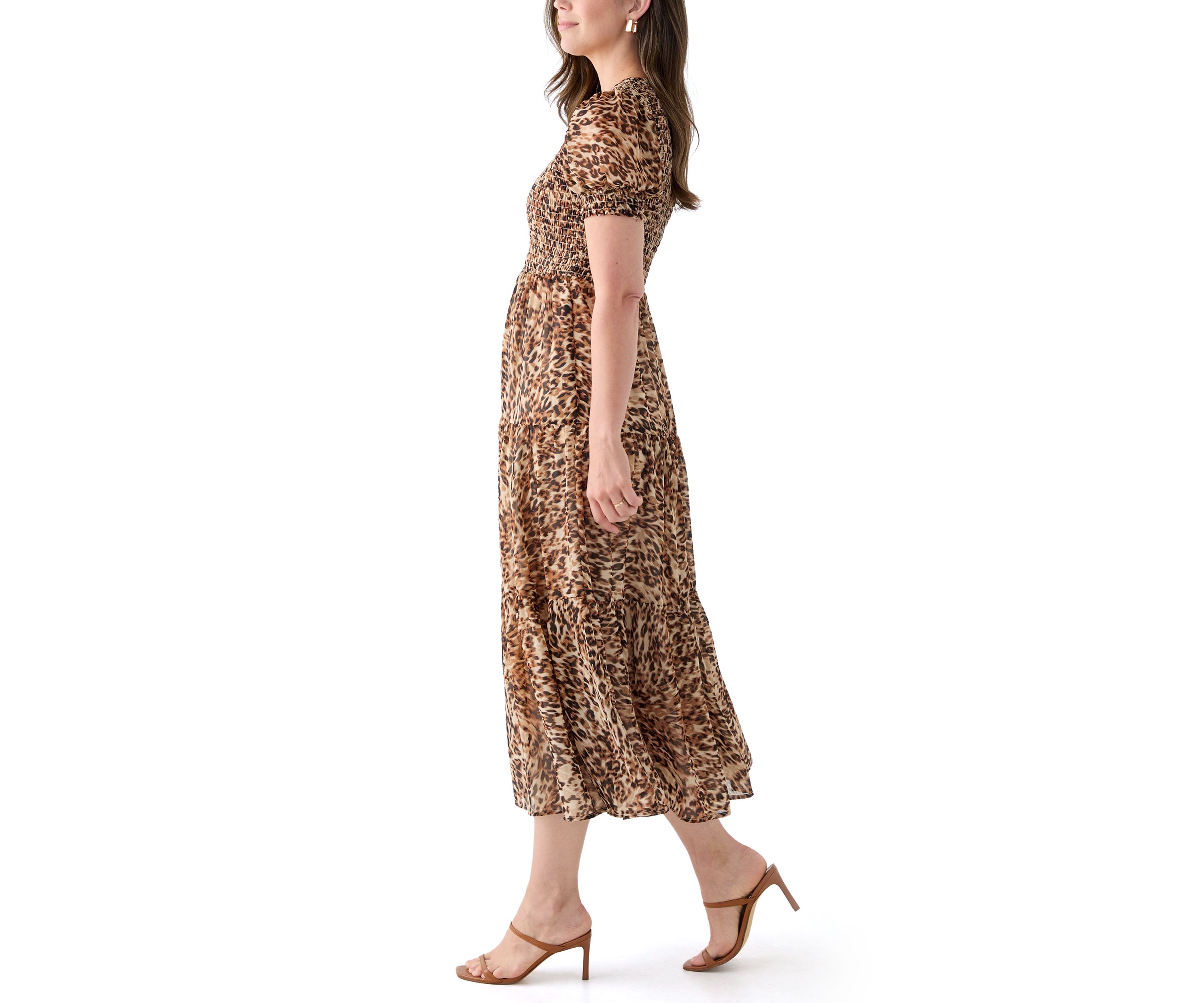 Womens Smocked Bodice Animal Print Maxi Dress