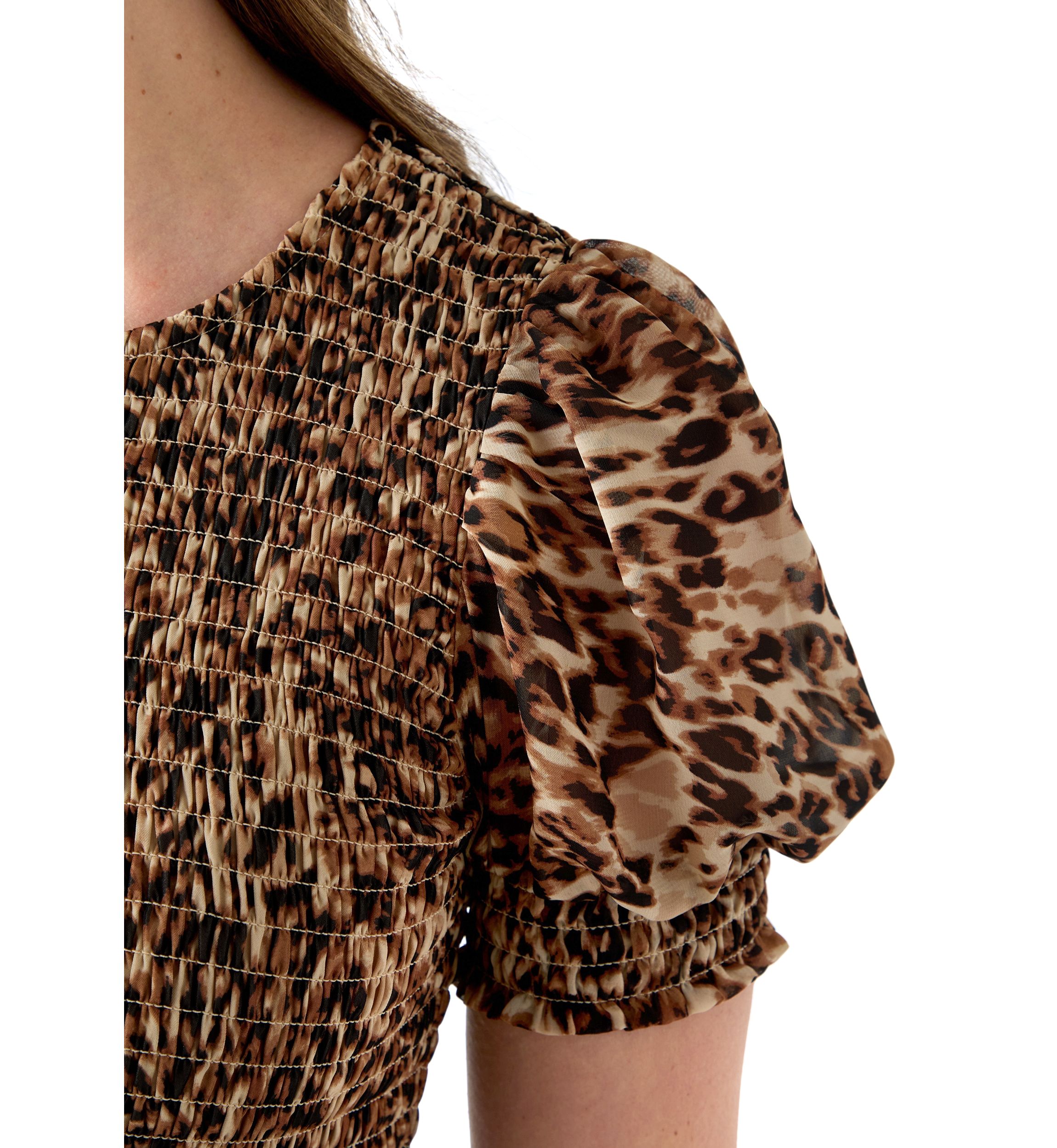 Womens Smocked Bodice Animal Print Maxi Dress