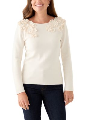 Anne Klein Women's Petite Long Sleeve Floral Embroidered Boat Neck Sweater, White, PXL