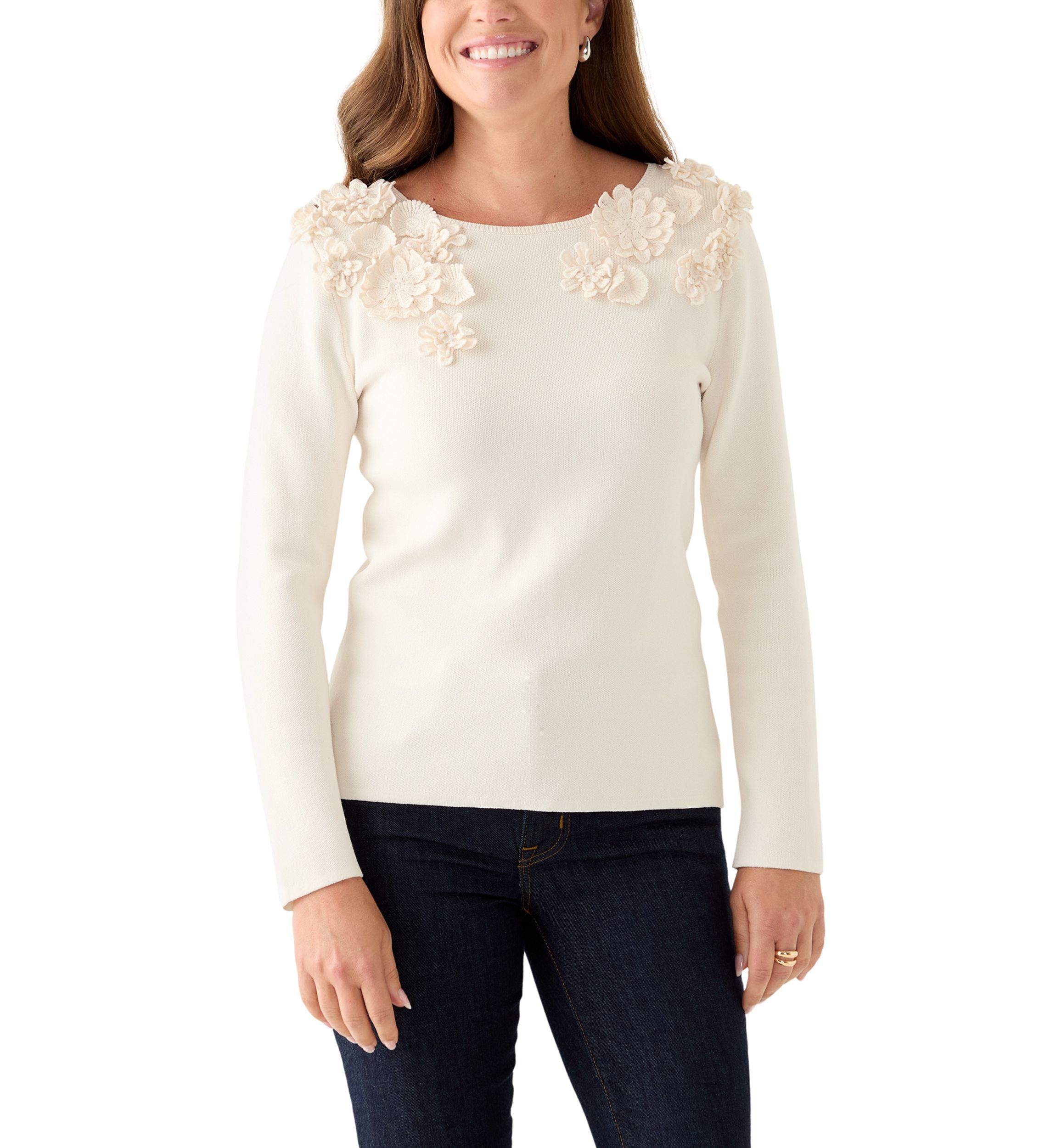 Petite Long Sleeve Floral Embroidered Boat Neck Sweater