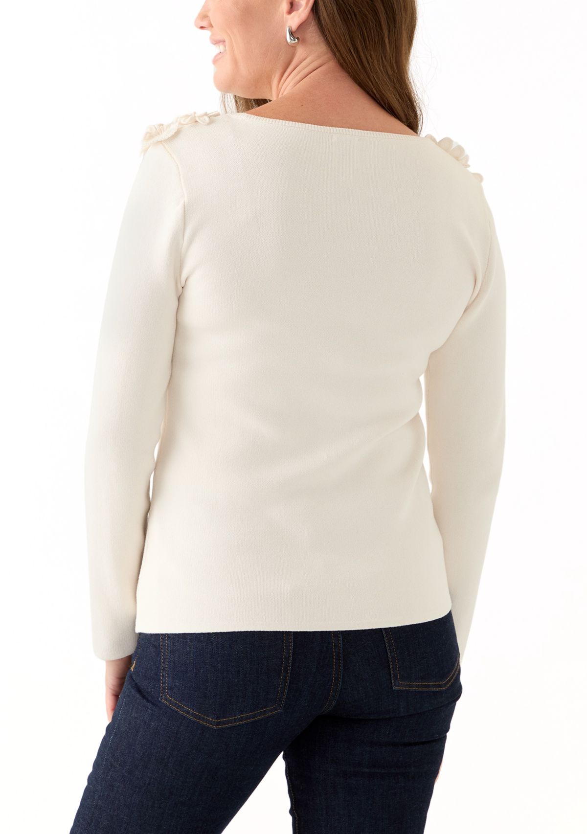 Petite Long Sleeve Floral Embroidered Boat Neck Sweater
