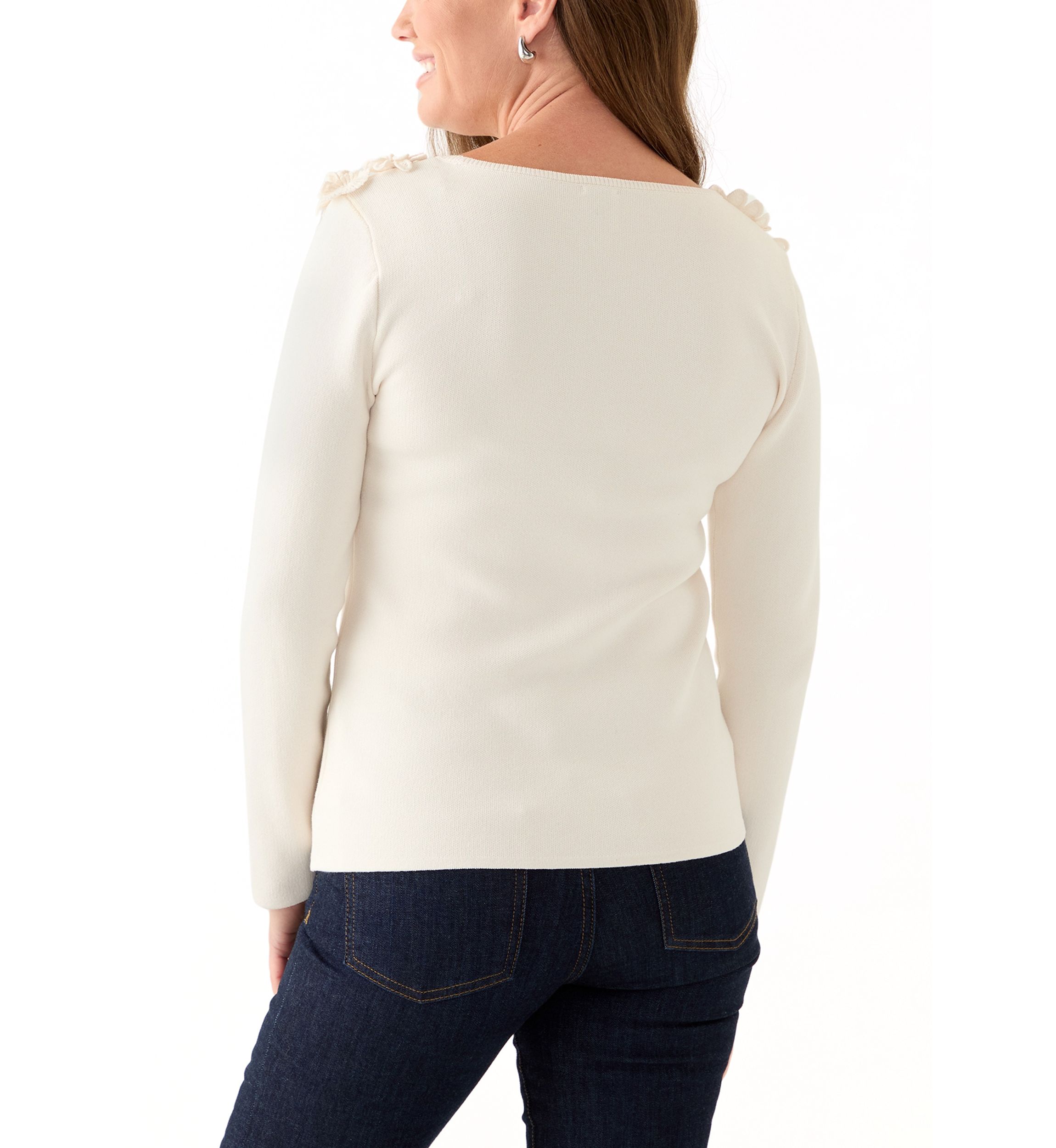 Petite Long Sleeve Floral Embroidered Boat Neck Sweater