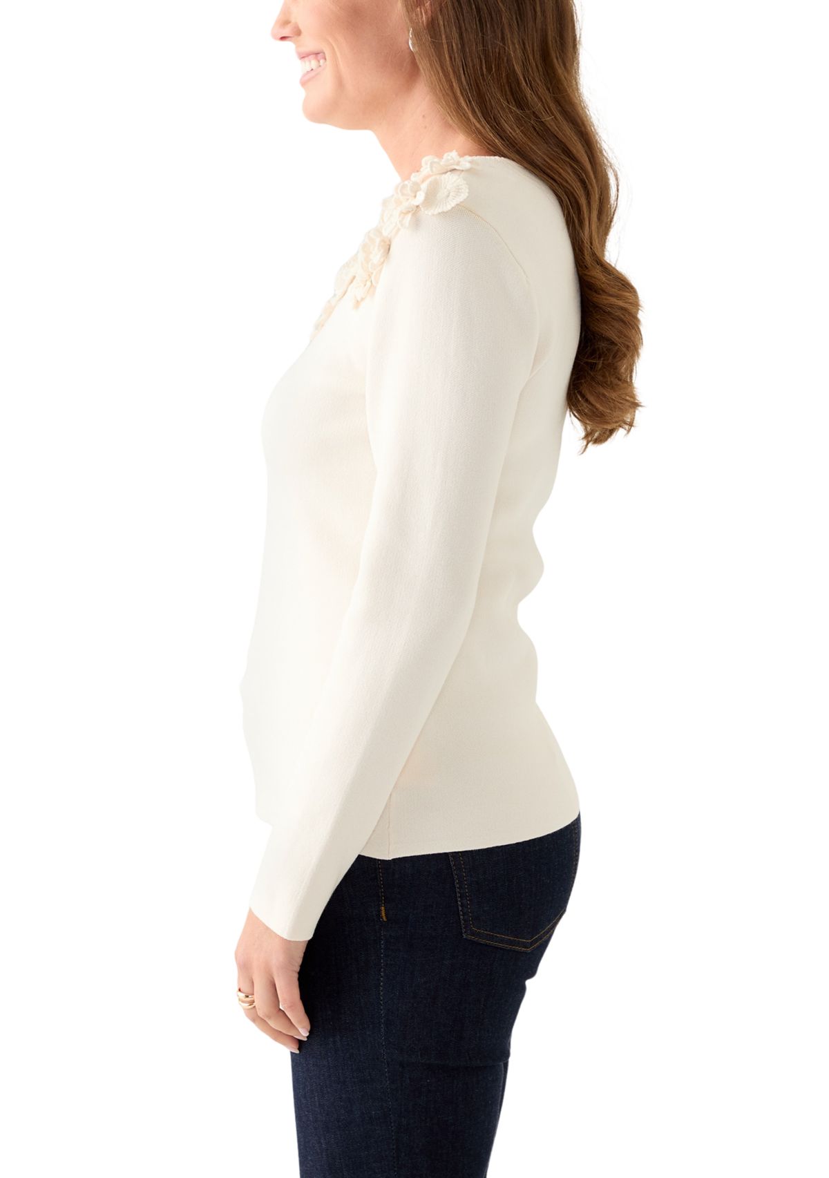 Petite Long Sleeve Floral Embroidered Boat Neck Sweater