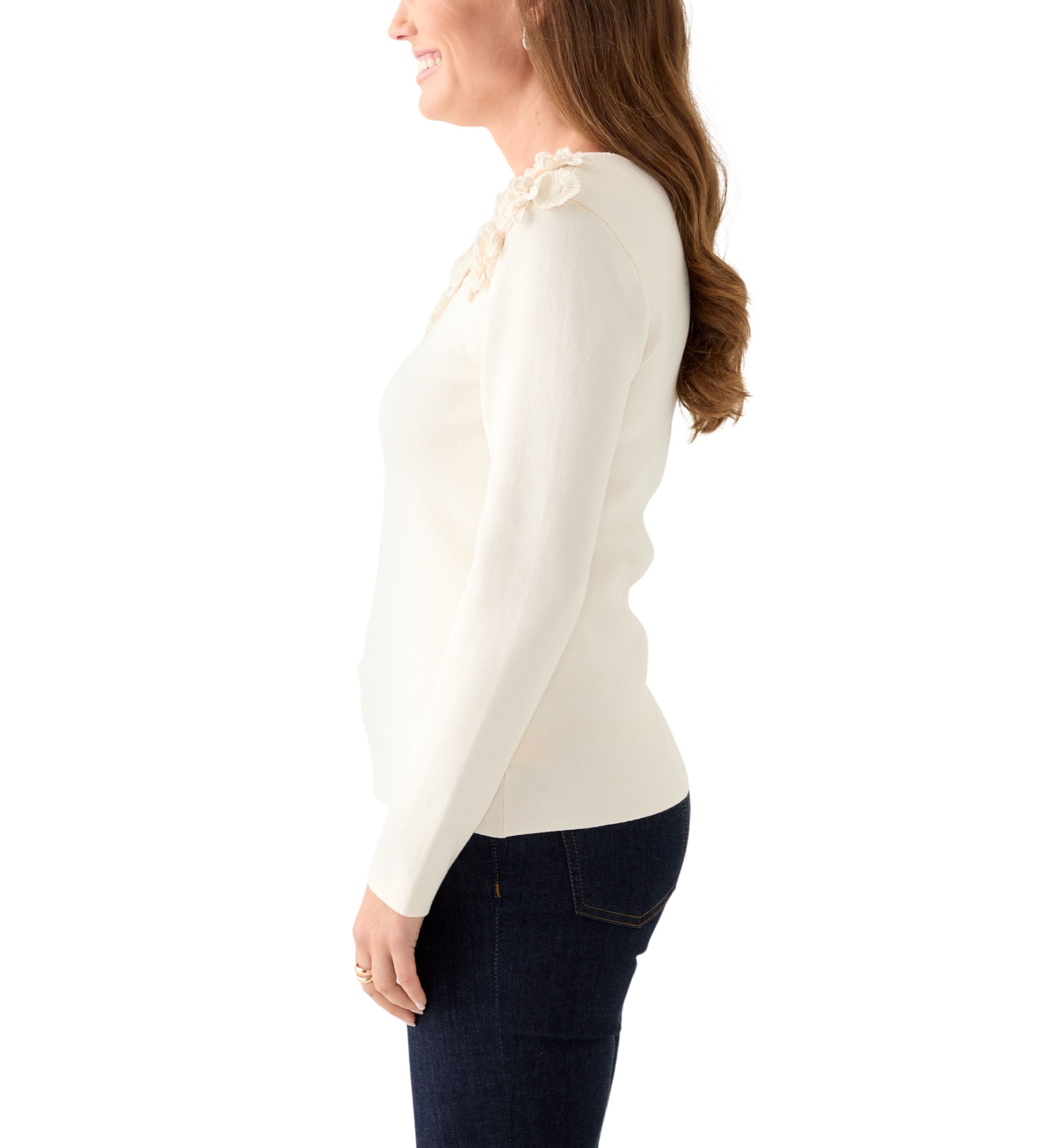 Petite Long Sleeve Floral Embroidered Boat Neck Sweater