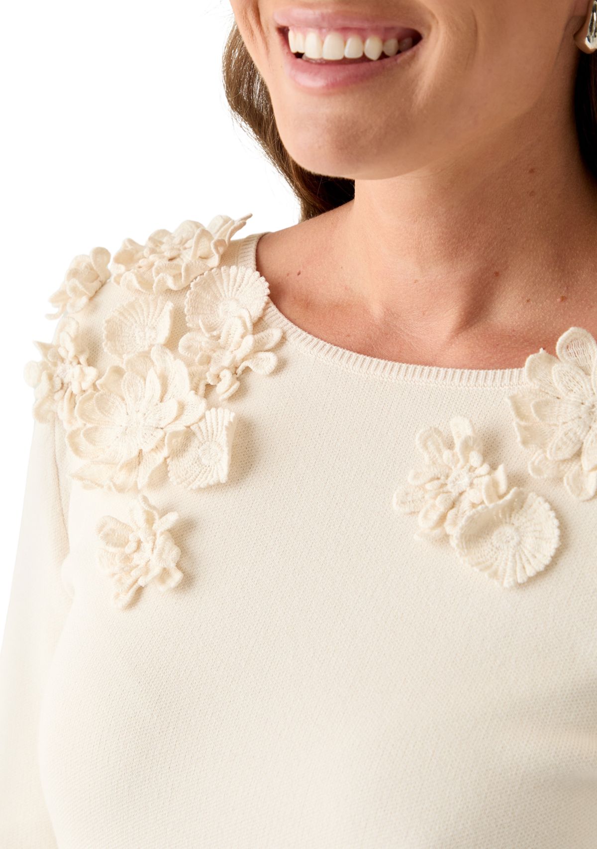 Petite Long Sleeve Floral Embroidered Boat Neck Sweater