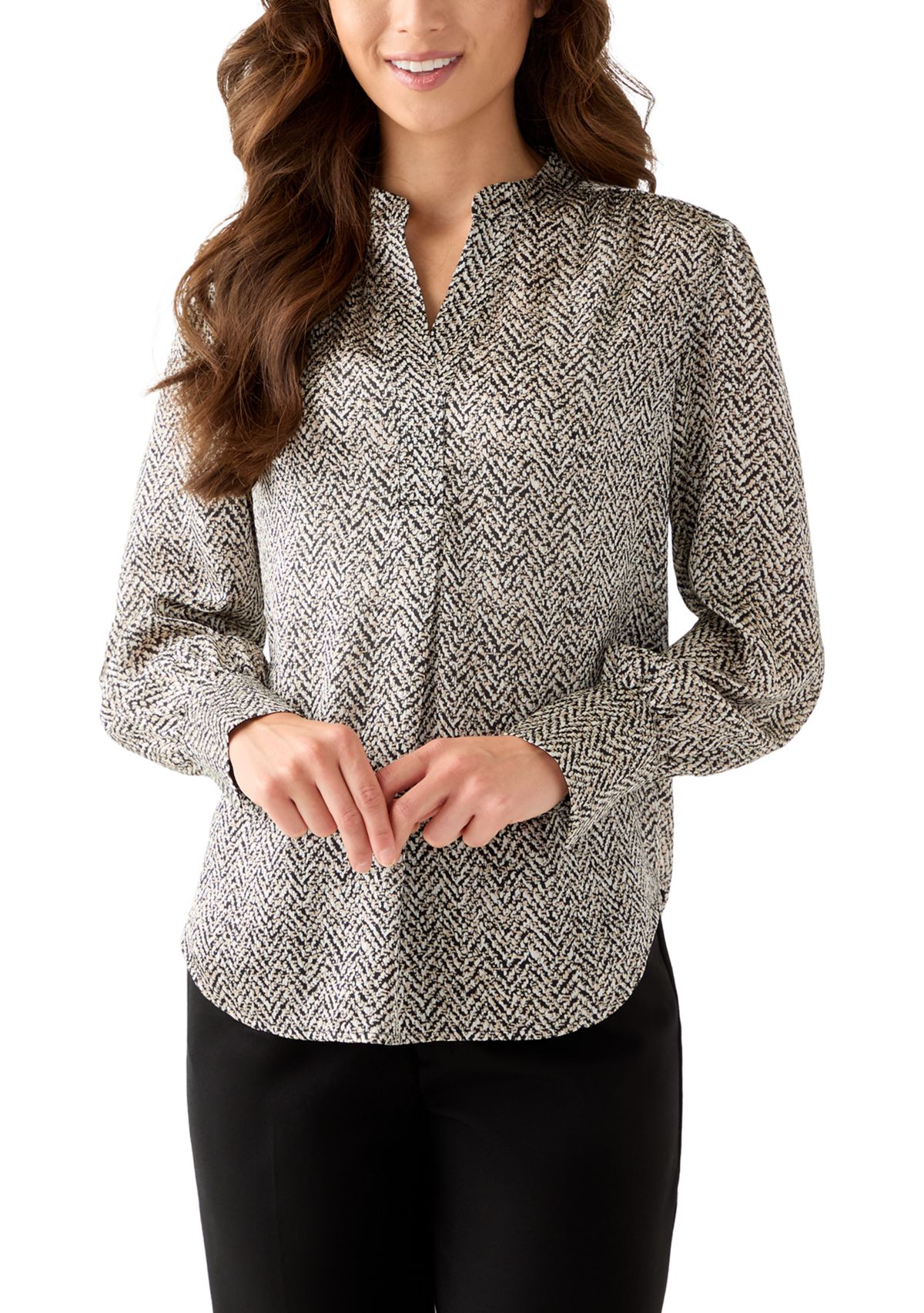 Petite Abstract Print V-Neck Pleat Front Blouse