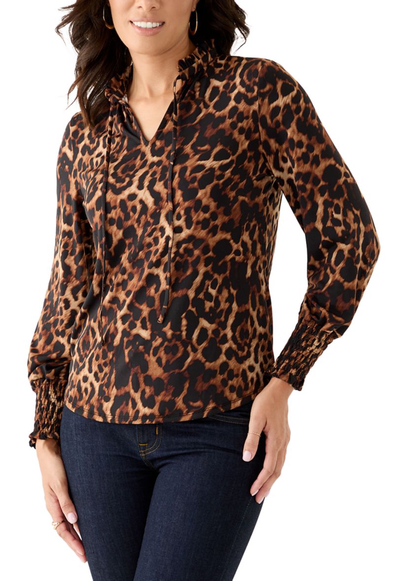 Womens Long Sleeve Smocked Cuff Top with Ruffle Neck