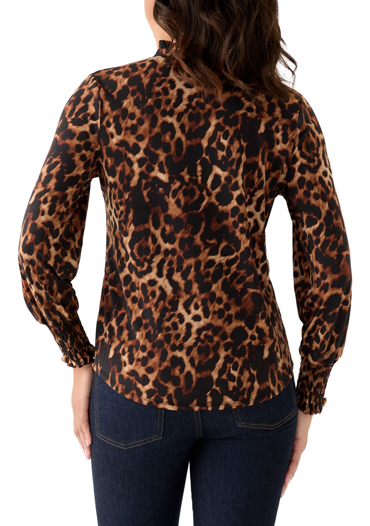 Womens Long Sleeve Smocked Cuff Top with Ruffle Neck