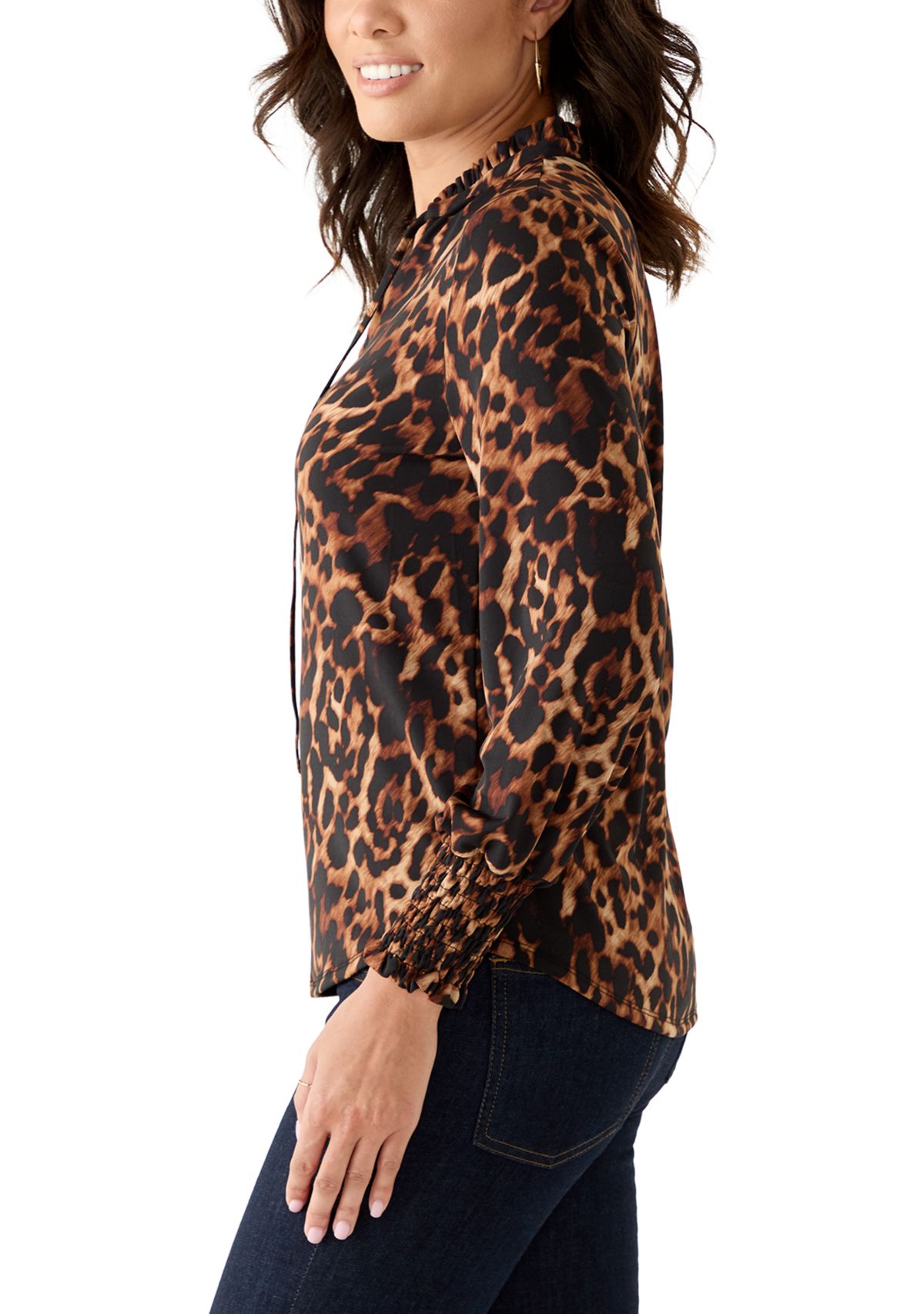 Womens Long Sleeve Smocked Cuff Top with Ruffle Neck