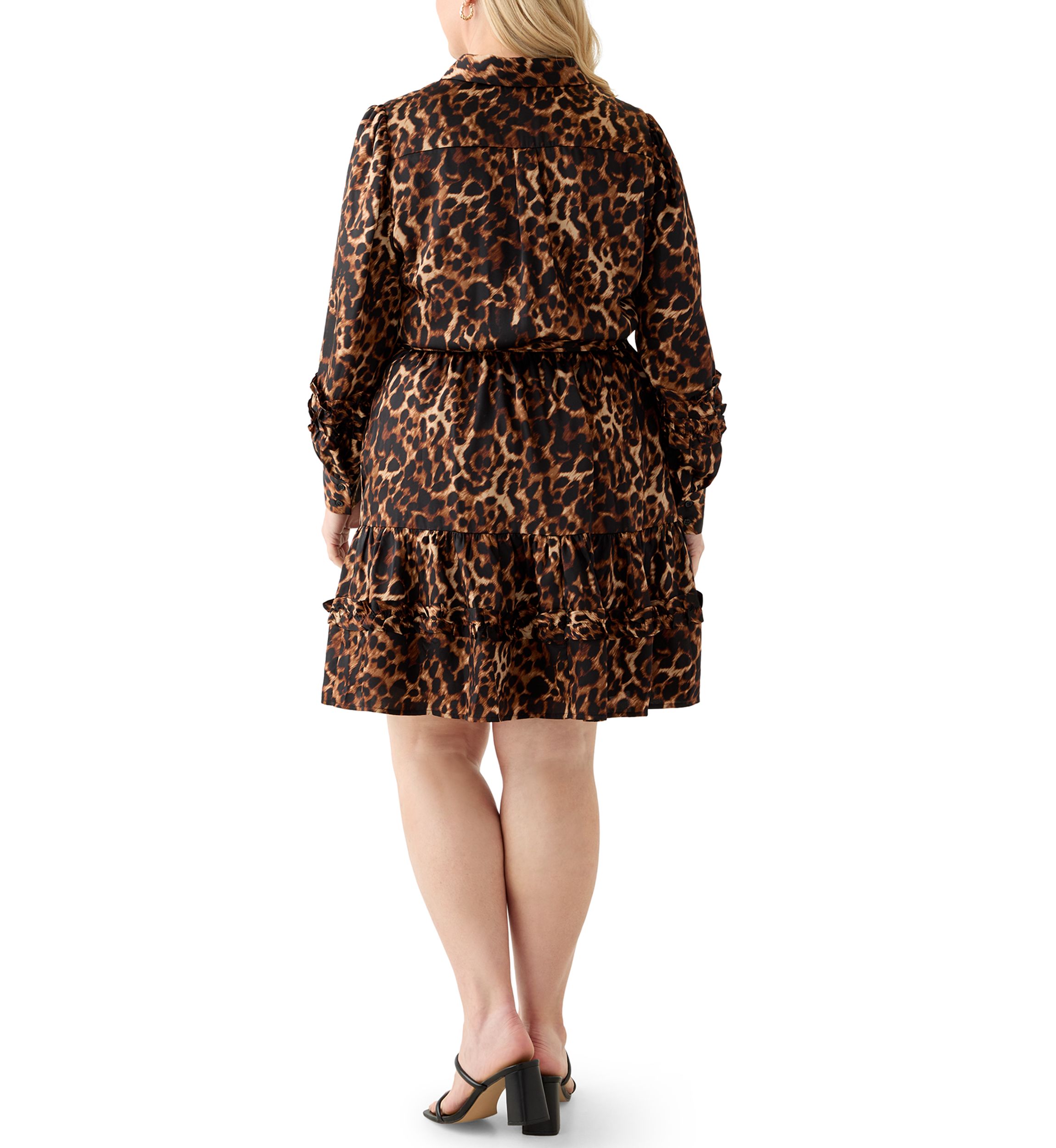Plus Sized Long Sleeve Ruffle Shirt Dress with Satin Twill
