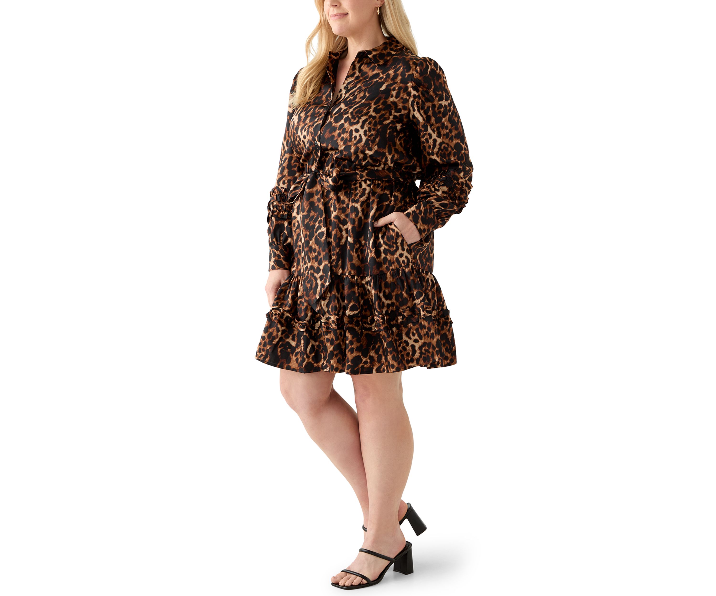 Plus Sized Long Sleeve Ruffle Shirt Dress with Satin Twill